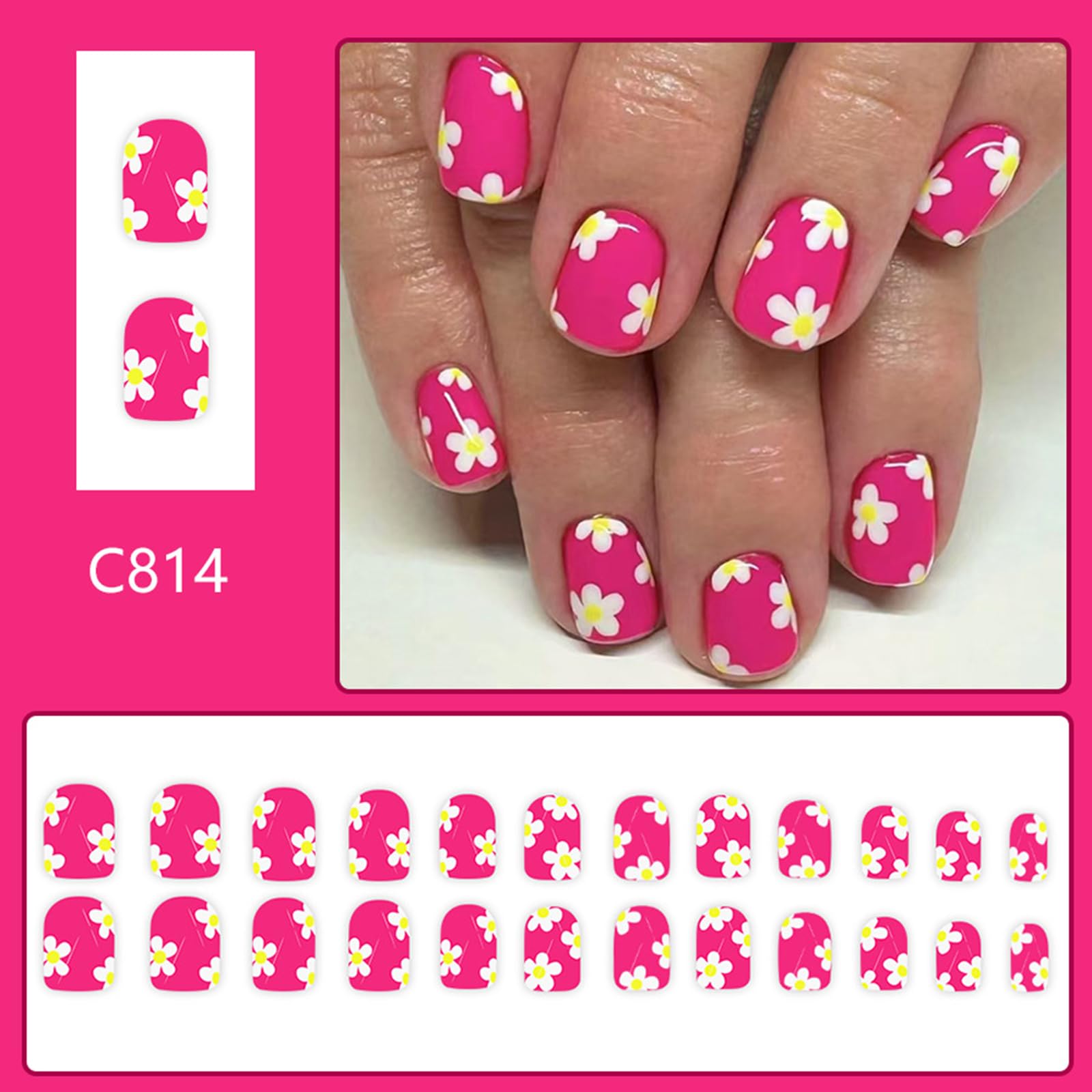 24pcs Short Square False Nails With Floral Designs Glossy Finish Press On Nails Easy To Apply And Remove For Wmen
