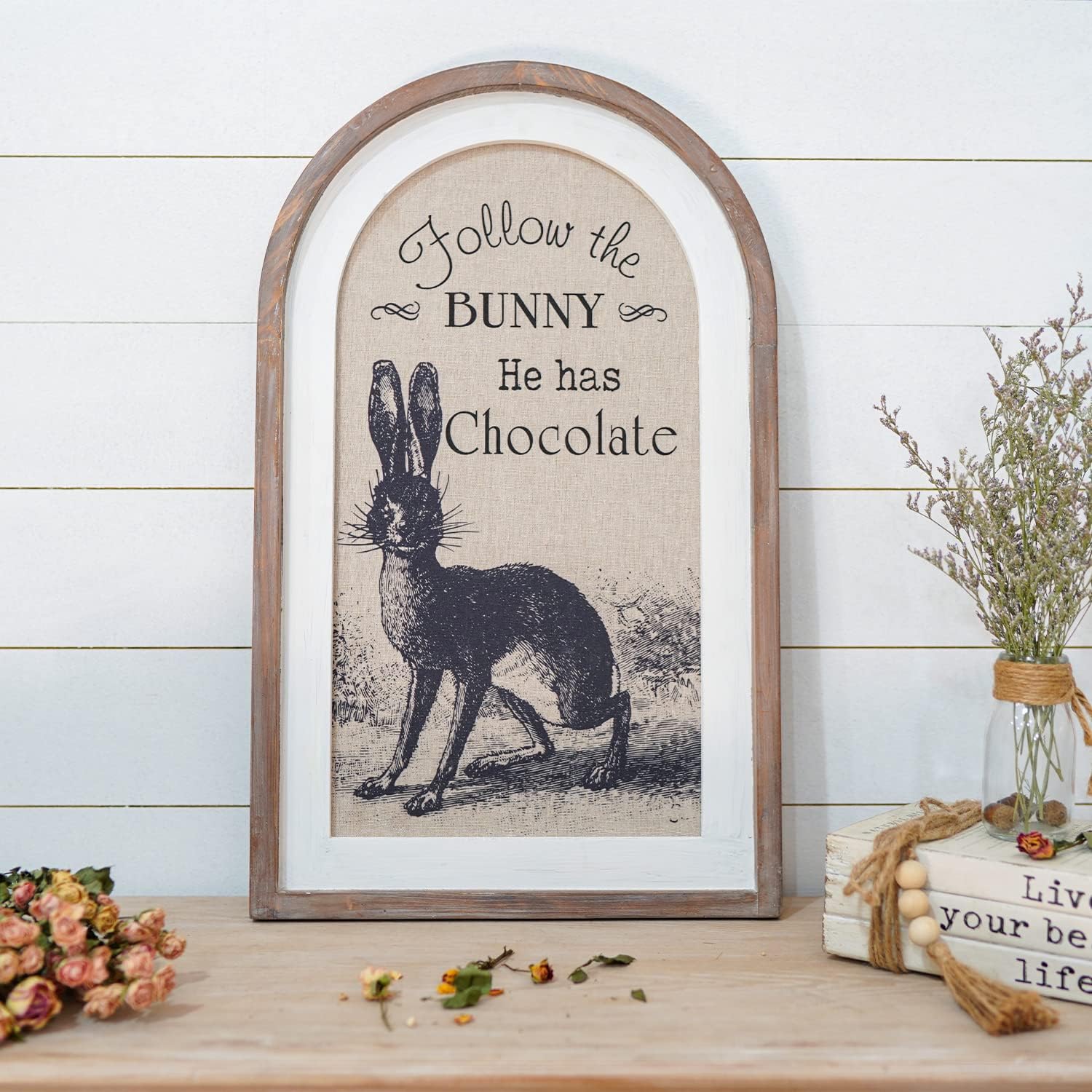 SOFFEE DESIGN Rabbit Canvas Prints Wall Art, Wooden Arched Frame Hanging Plaque