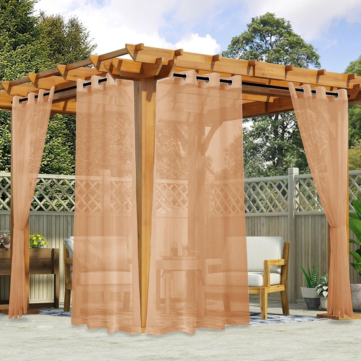 youleyar Outdoor Sheer Curtains for Patio Waterproof - 2 Panels Linen Look Grommet Curtain Light Filtering Outside Drapes for Living Room, Pergola,