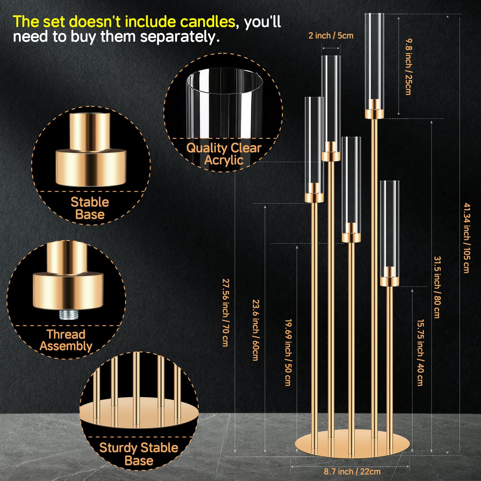 2 Set 5 Arm Gold Candle Holder with Acrylic Lampshade, 41.3'' Tall Candlesticks Holder for Christmas Wedding Housewarming Gift,Metal Candle Holders Candlestick Centerpiece,Fit 0.87'' LED Candle