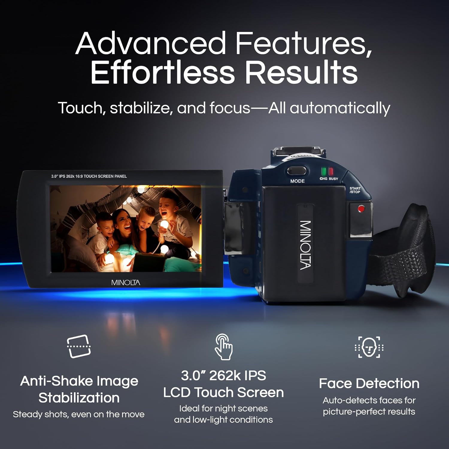Minolta MN4K25NV camcorder highlighting Anti-Shake Image Stabilization, 3.0 inch IPS LCD Touch Screen, and Face Detection
