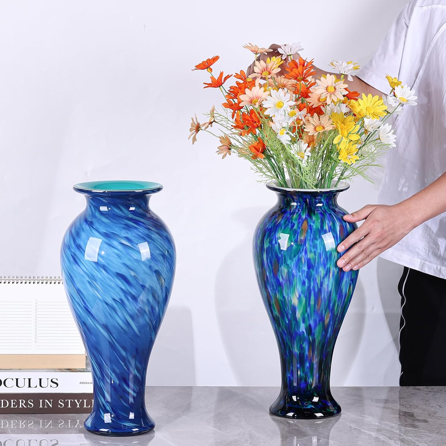 20" Tall Teal Blue Glass Vase Hand Blown Large Floor Glass Vase Home Decor, Pretty Modern Teal Blue Flowers Vases, Jarrones Grandes para Sala Elegantes, Large Vases for Living Room Wedding Decor - Image 3