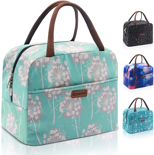 Lunch Bag for Work Cute Lunchboxes Women,Insulated Lunch Cooler,Large Capacity by RONAVOMint Green with Flower
