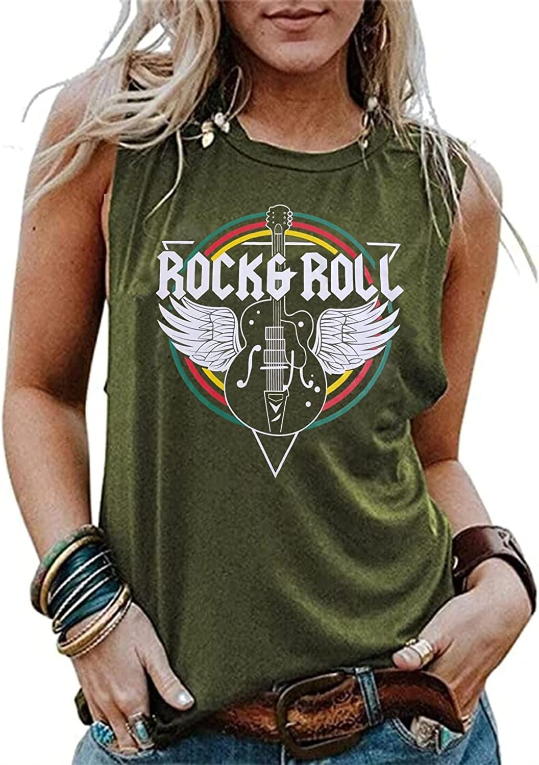 QIANRUORock & Roll Tank Top for Women Vintage Country Music Shirts Rock Concert Band Tees Summer Sleeveless Graphic Tops