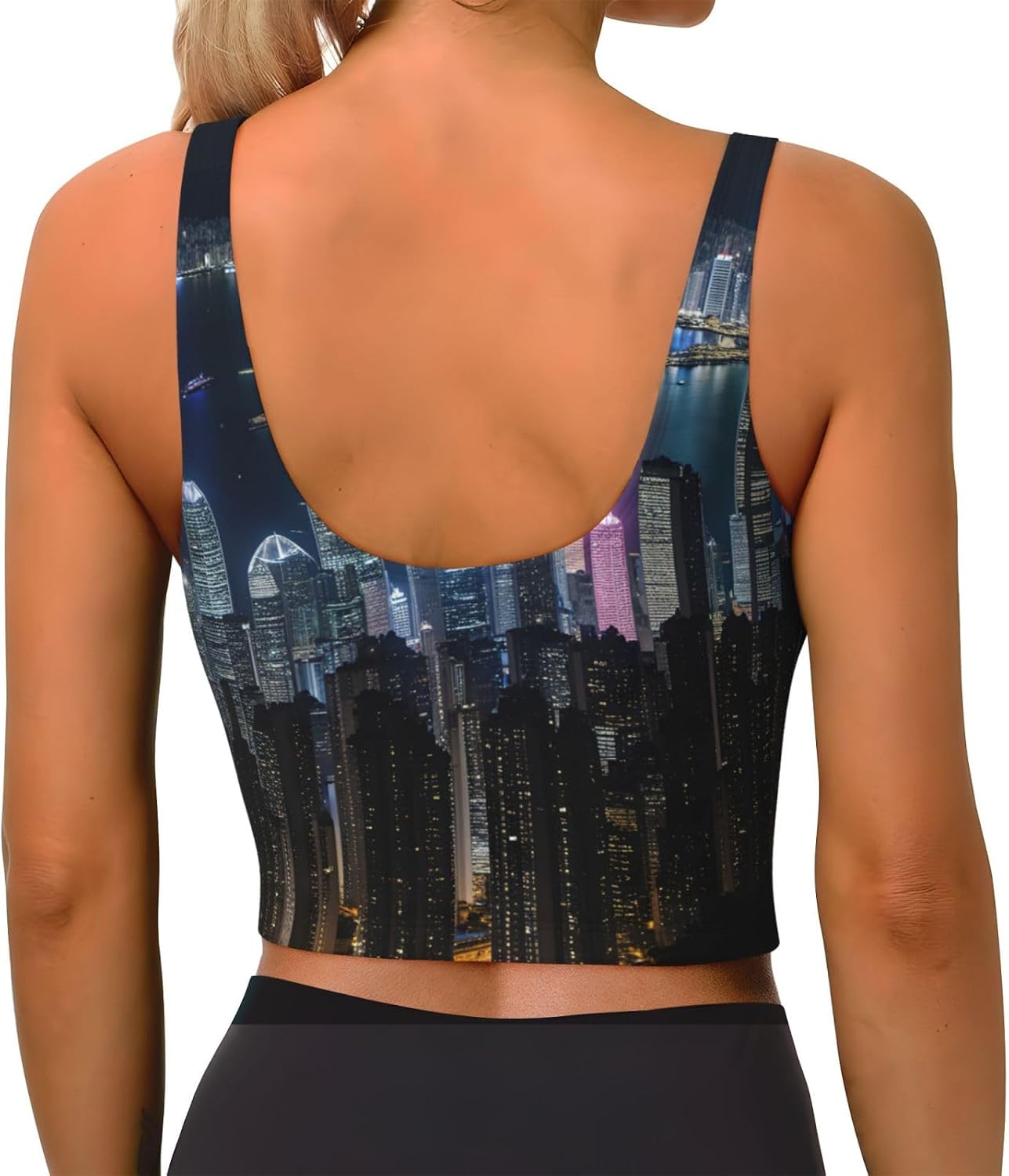 Aerial Night Of View Hong Kong Print Women'S Sports Bra Tank Tops,Longline Sports Bras For Yoga,Workout And Running