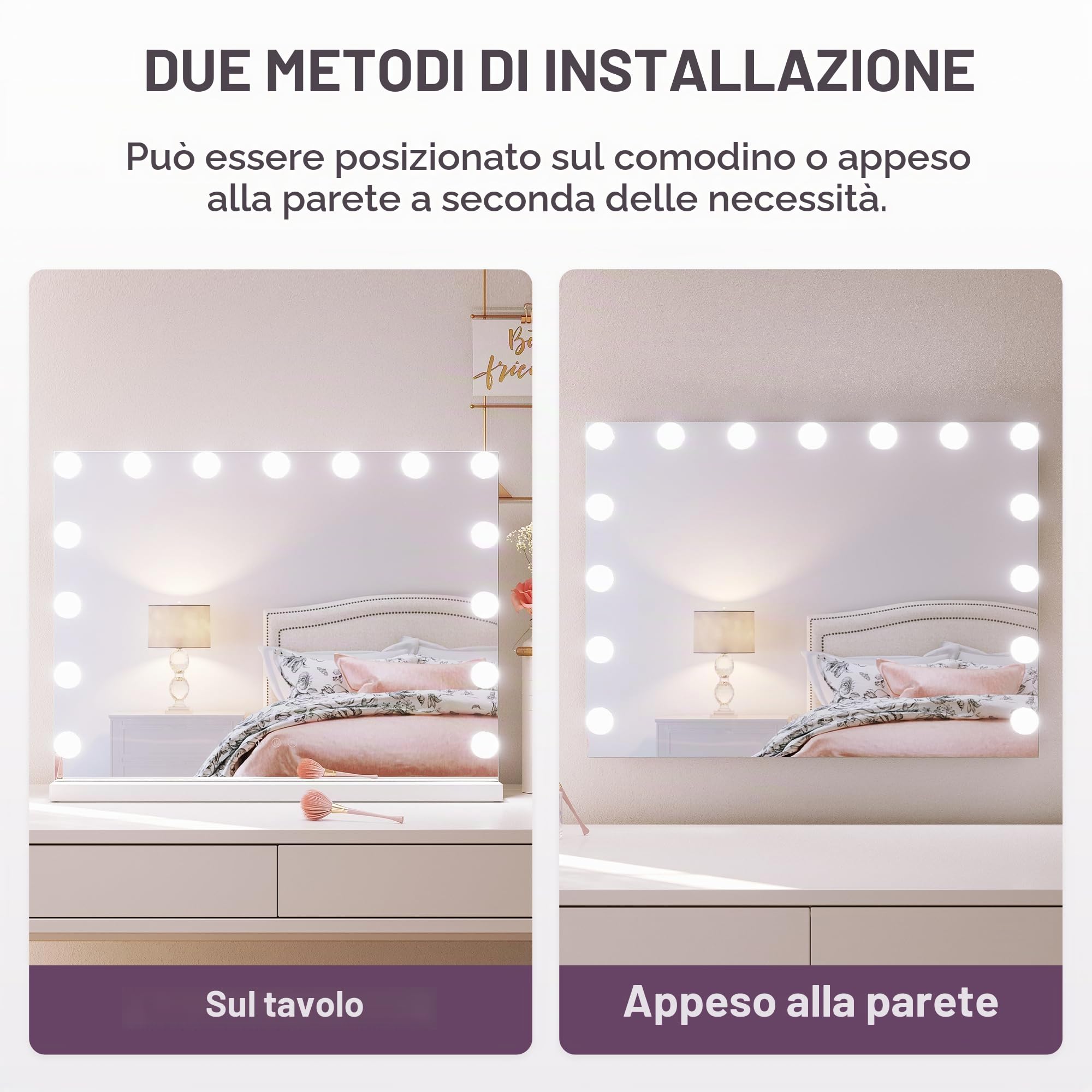 SONNI, Hollywood - Specchio da trucco, 58 x 46 cm, con 3 temperature di colore, 15 lampadine a LED, specchio grande con controllo touch e funzione di memoria della luminosità