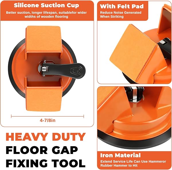 Floor Gap Fixer Tool -45° Two-Way Tapping Function, Heavy Duty Cast Iron with Reinforced Suction Cup, Includes 2 Crack Cleaning Tools & Reusable Rubber Pad (Orange) - 2