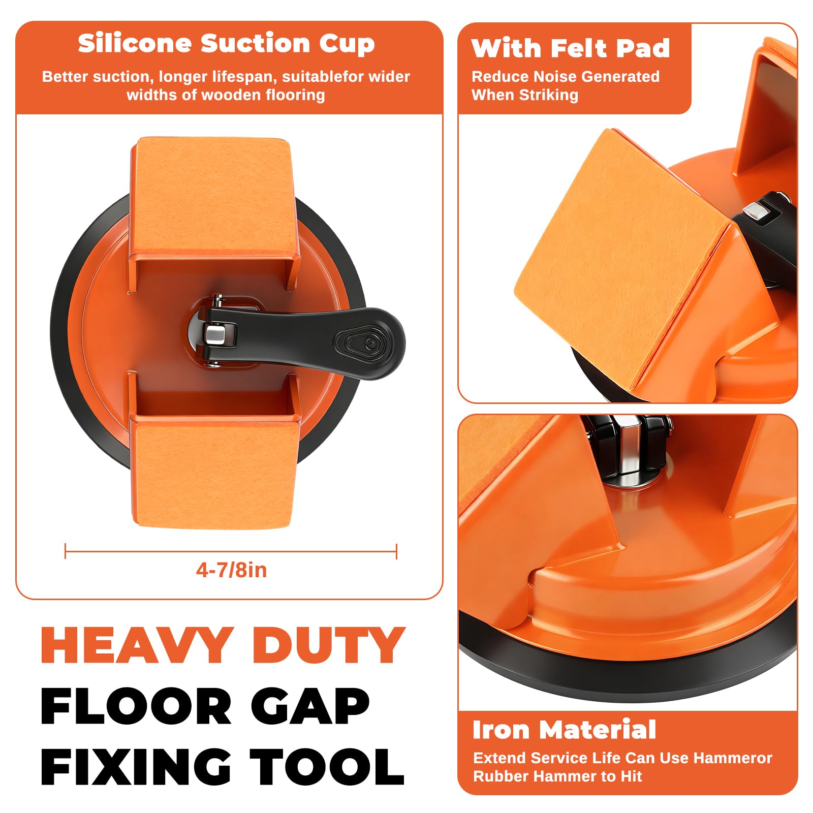 Floor Gap Fixer Tool -45° Two-Way Tapping Function, Heavy Duty Cast Iron with Reinforced Suction Cup, Includes 2 Crack Cleaning Tools & Reusable Rubber Pad (Orange) - 2