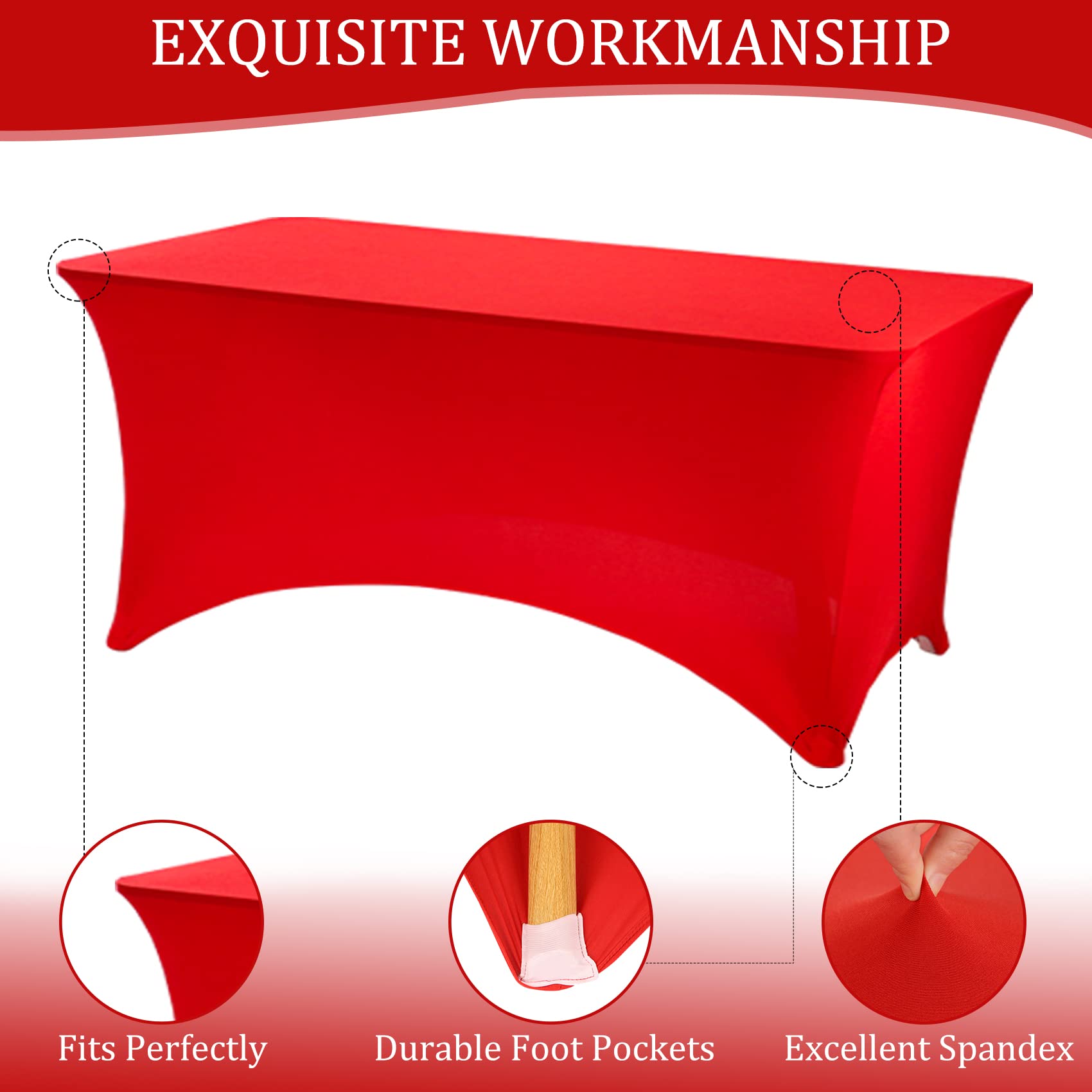 Paquete de 8 manteles rectangulares de Elastano de 6 pies, Lavables y Resistentes a Las Arrugas, para Mesa Plegable, Bodas, Fiestas, cumpleaños, Banquetes, Bares, Eventos (Rojo)