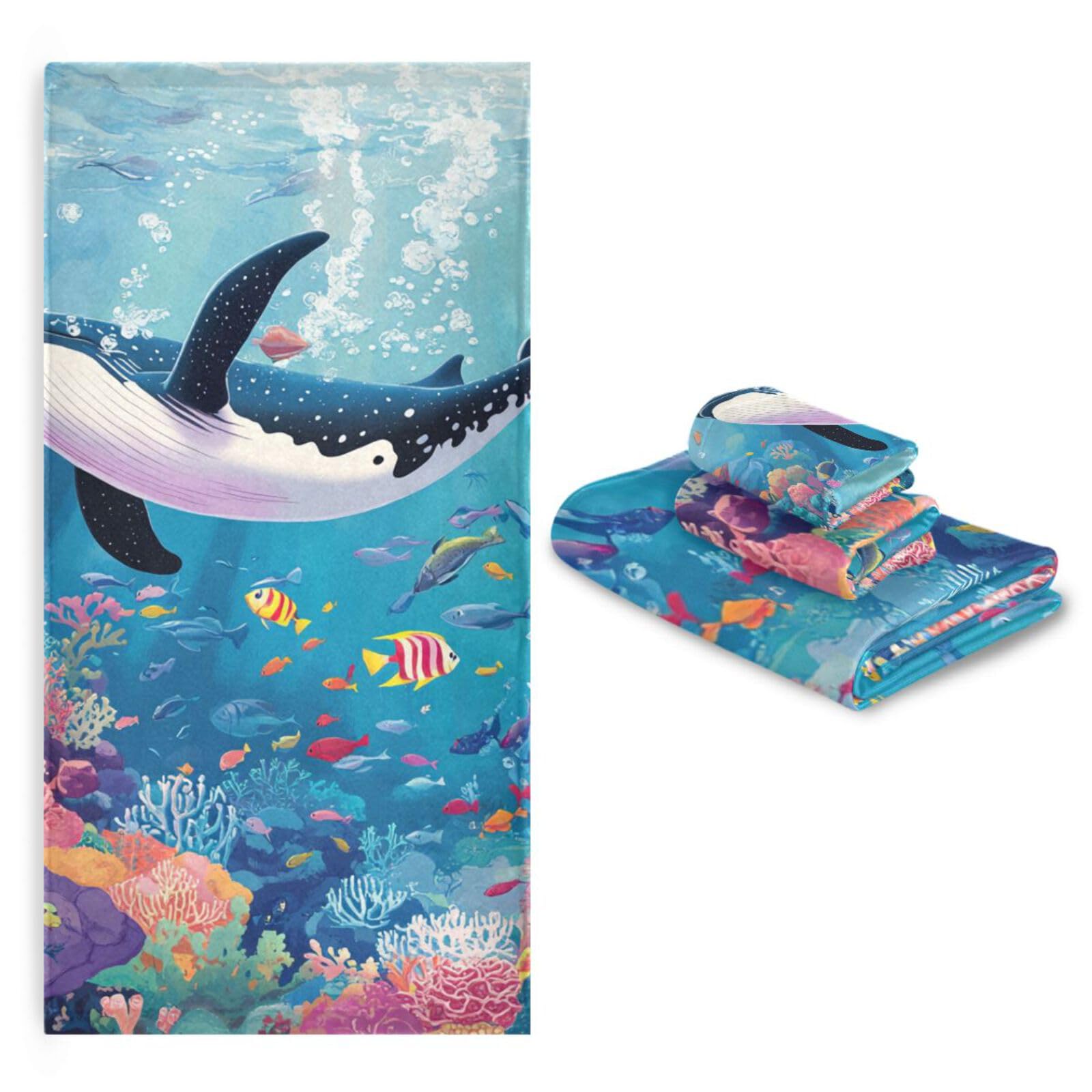 Gesichtshandtücher-Set, Motiv: Walfisch, Cartoon, Meerestiere, schnell trocknend, 3-teilig, 1 Badetuch, 1 Handtuch, 1 Waschlappen für Badezimmer und Küche