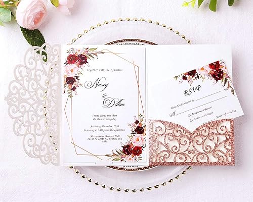 Vista 108 de ponatia 5.12 x 7.2 Invitaciones de boda de corte láser con purpurina negra, bolsillos de invitación triples cortados con láser con sobres