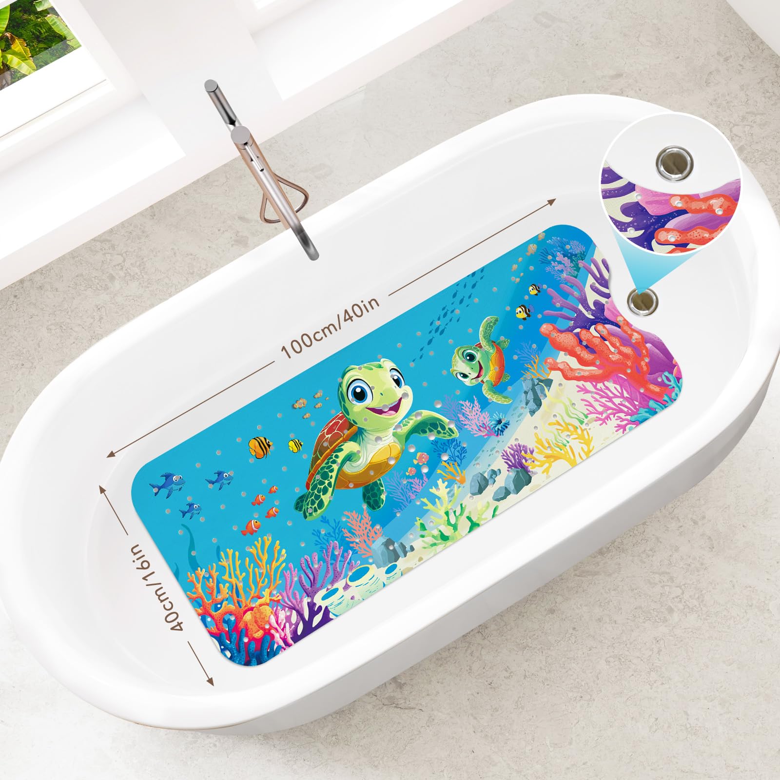 SHUCHING Badewannenmatte rutschfest Kinder, 100 X 40 cm Badematte rutschfest Kinder, Antirutschmatte Badewanne Baby 100% BPA Frei, Maschinenwaschbar, Meeresschildkröte