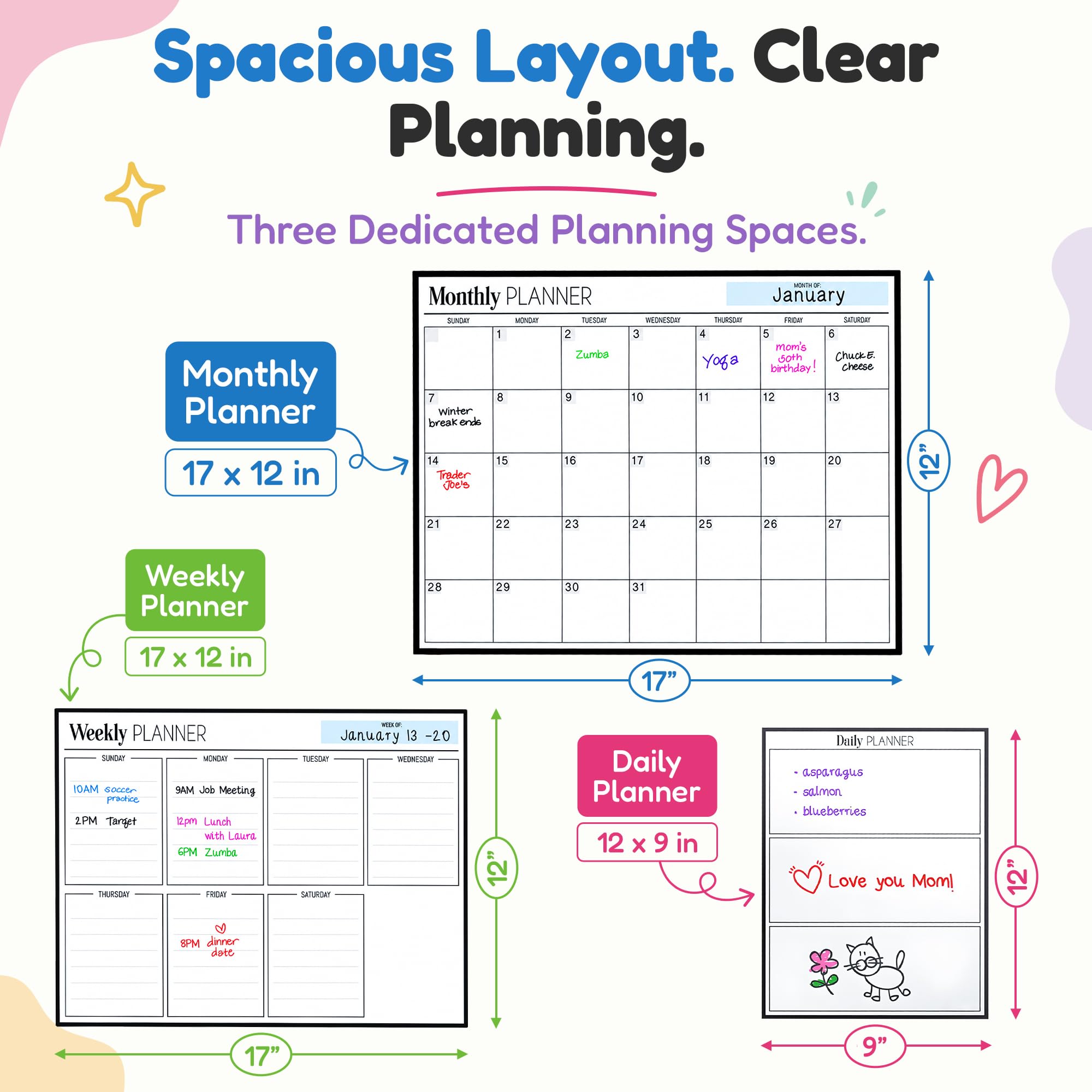 Paquete de calendario magnético Cinch: 3 tablas de 17 x 12 pulgadas, mensual, semanal, diario, calendario magnético para nevera, pizarra blanca para nevera, 6 marcadores de punta fina, borrador