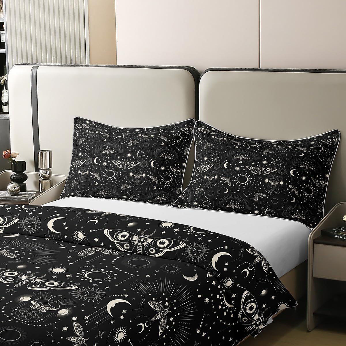 Gothic Style 100% Organic Cotton Comforter Cover (Not Comforter)Moth Sun and Moon Pattern Duvet Cover Set Queen Size for Bedroom Bohemia Galaxy Stars Black Bedding Set with 2 Pillowcases