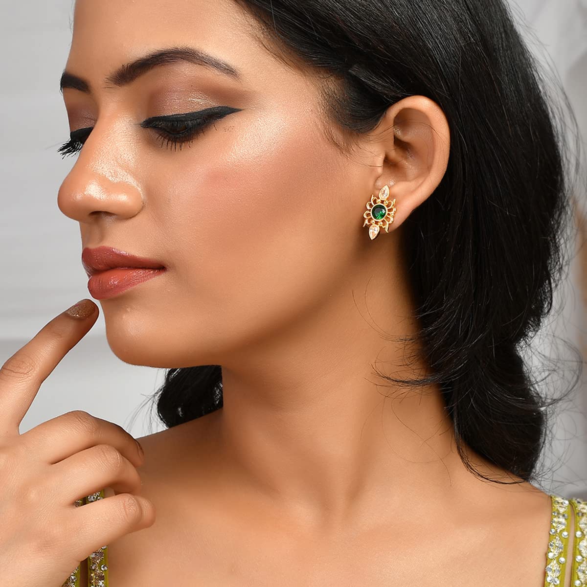 Abharan Green Stone Stud Earrings