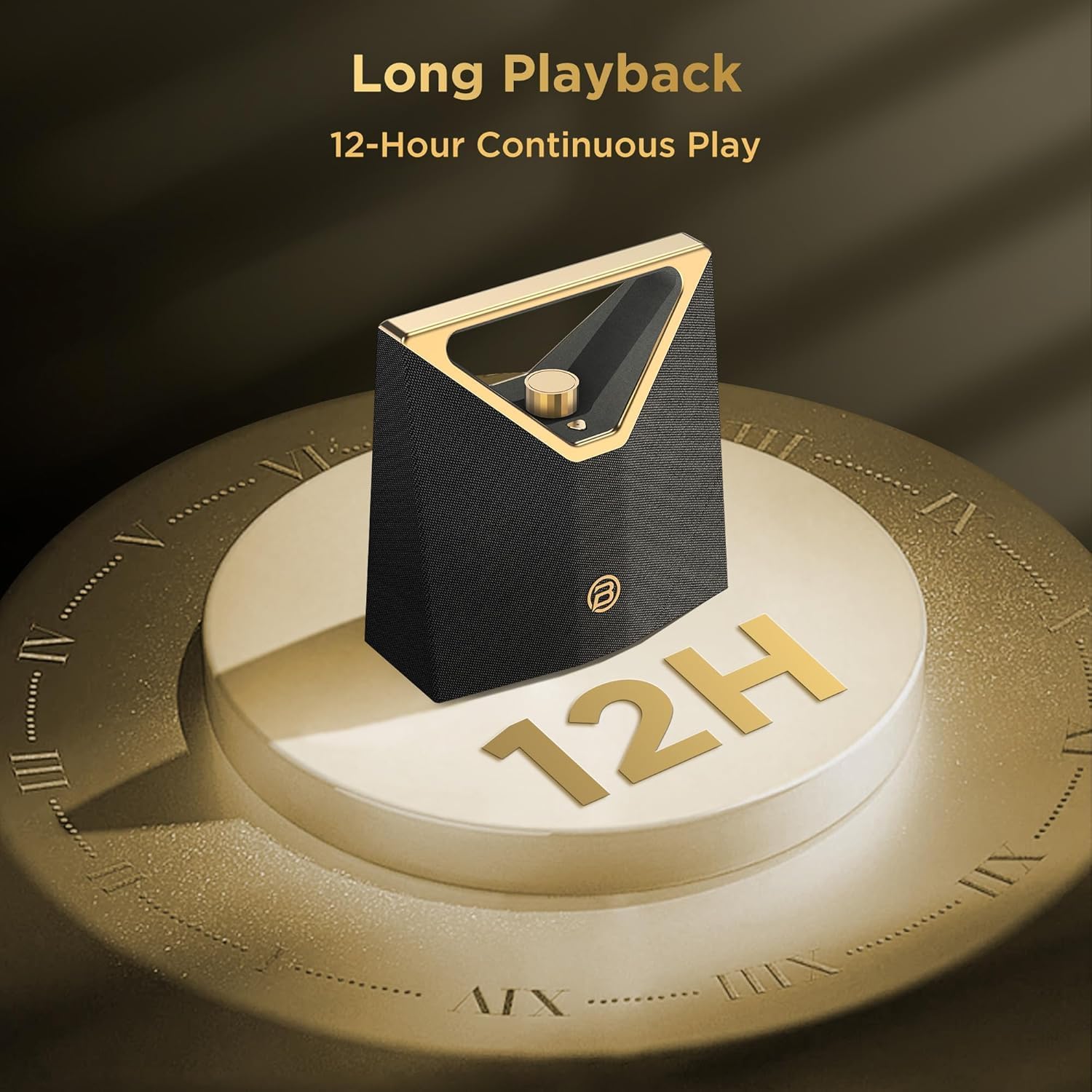 BUGANI Brief Plus speaker on a pedestal with '12H' indicating 12-hour continuous play.