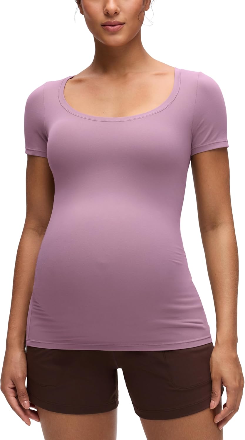 CRZ YOGA Softembrace Maternity U Neck Short Sleeve Shirts - Casual Pregnancy Tops Soft Work Going Out Basic T-Shirt for Women
