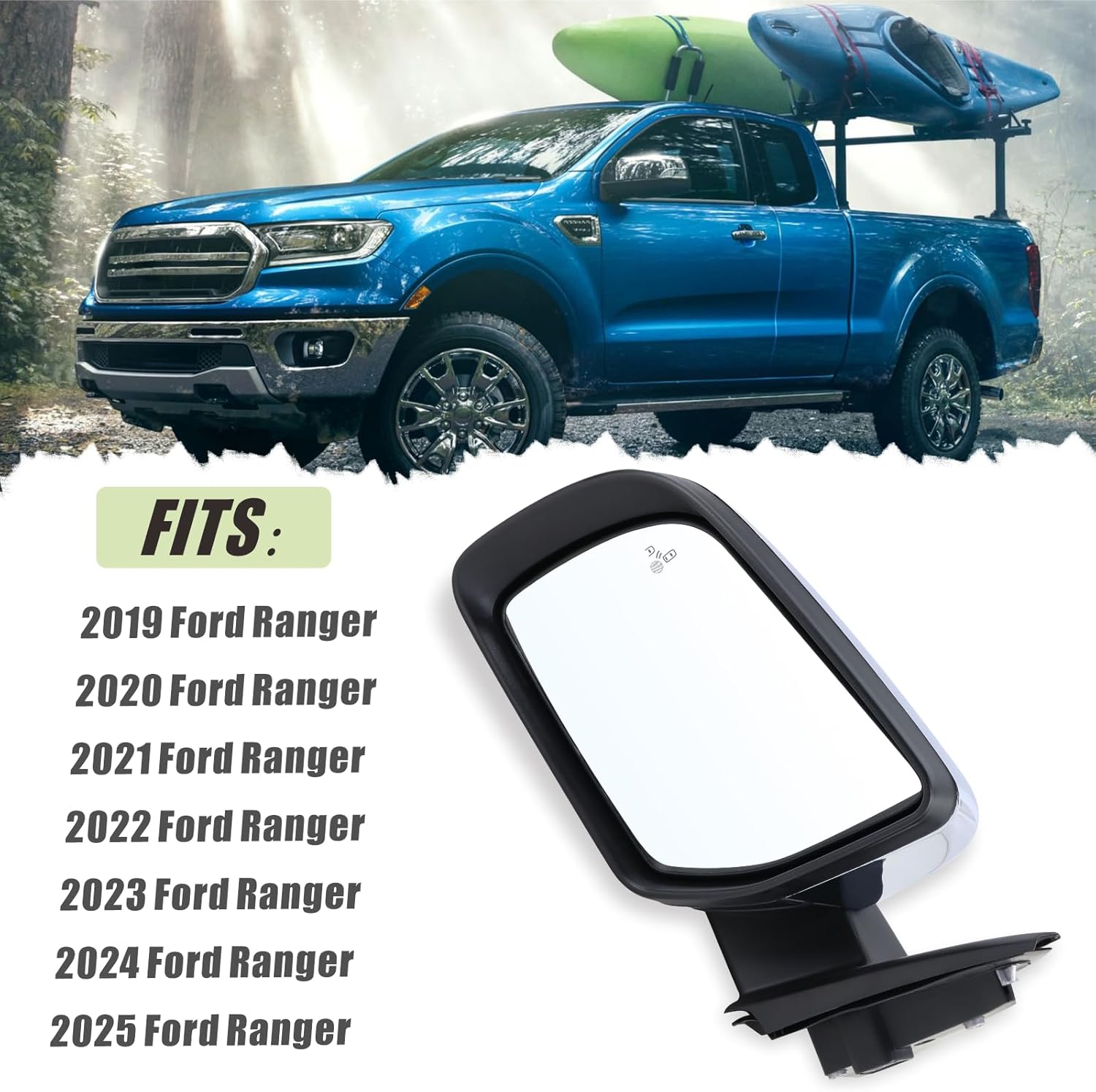 Left Driver Side Mirror Fits 2019 2020 2021 2022 2023 2024 2025 Ford Ranger With Power Folding Power Glass Blind Spot Heated Turn Signal Puddle Light Chrome Replace#KB3Z17683FA(12Pins)