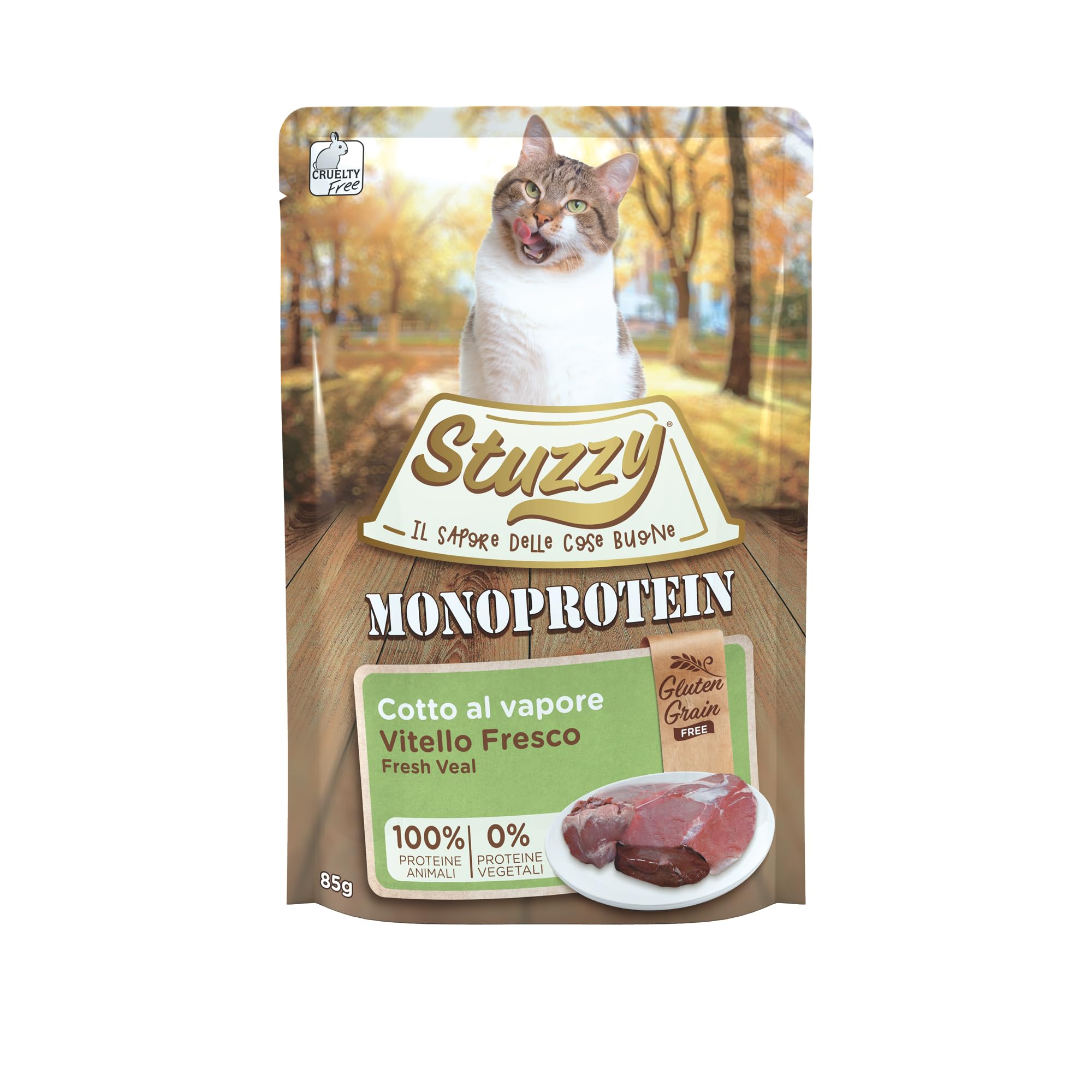 Stuzzy, Monoprotein Ziarno i Bezglutenowe, zestaw mokrych pokarmów dla dorosłych kotów z cielętą, pasztet - (20 worków po 85 g)