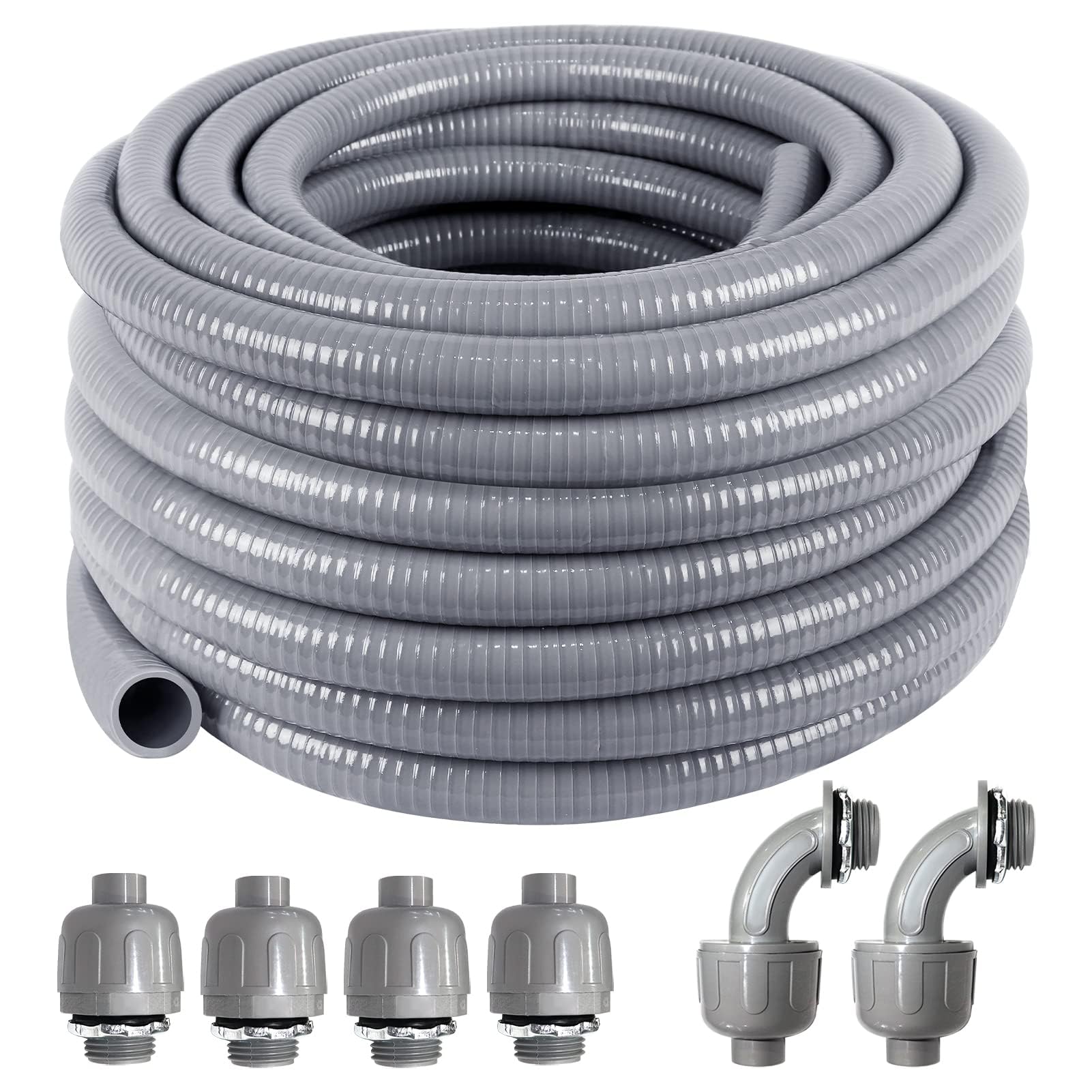 1-1/4inch 50FT Electrical Conduit Kit,with 4 Straight and 2 Angle Fittings Included,Flexible Non Metallic Liquid Tight Electrical Conduit(1-1/4" Dia, 50 Feet)