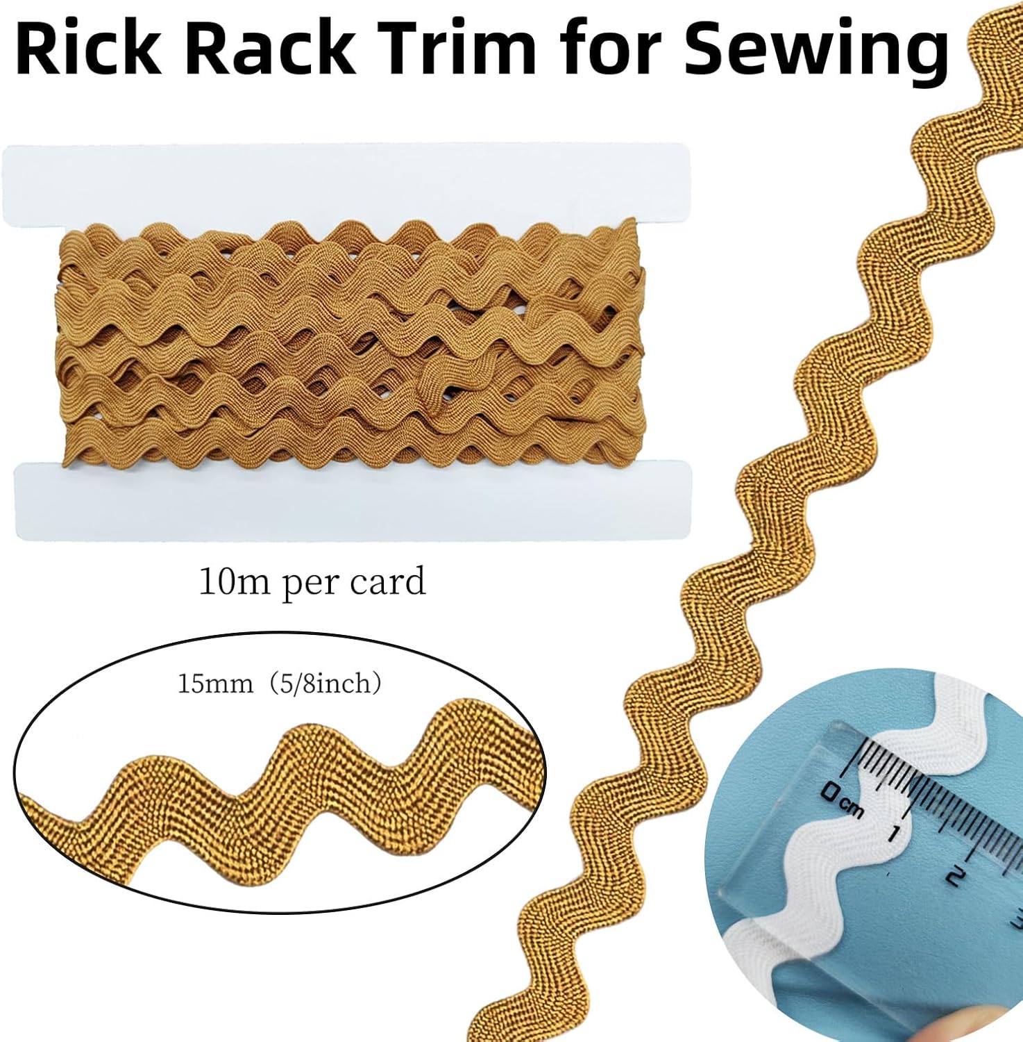 Rick Rack Trim for Sewing, 5/8inch Wave Bending Fringe Trim Ribbon 10meter Polyester Baby Lace Ribbon for DIY Sewing Craft Clothing (Brown)
