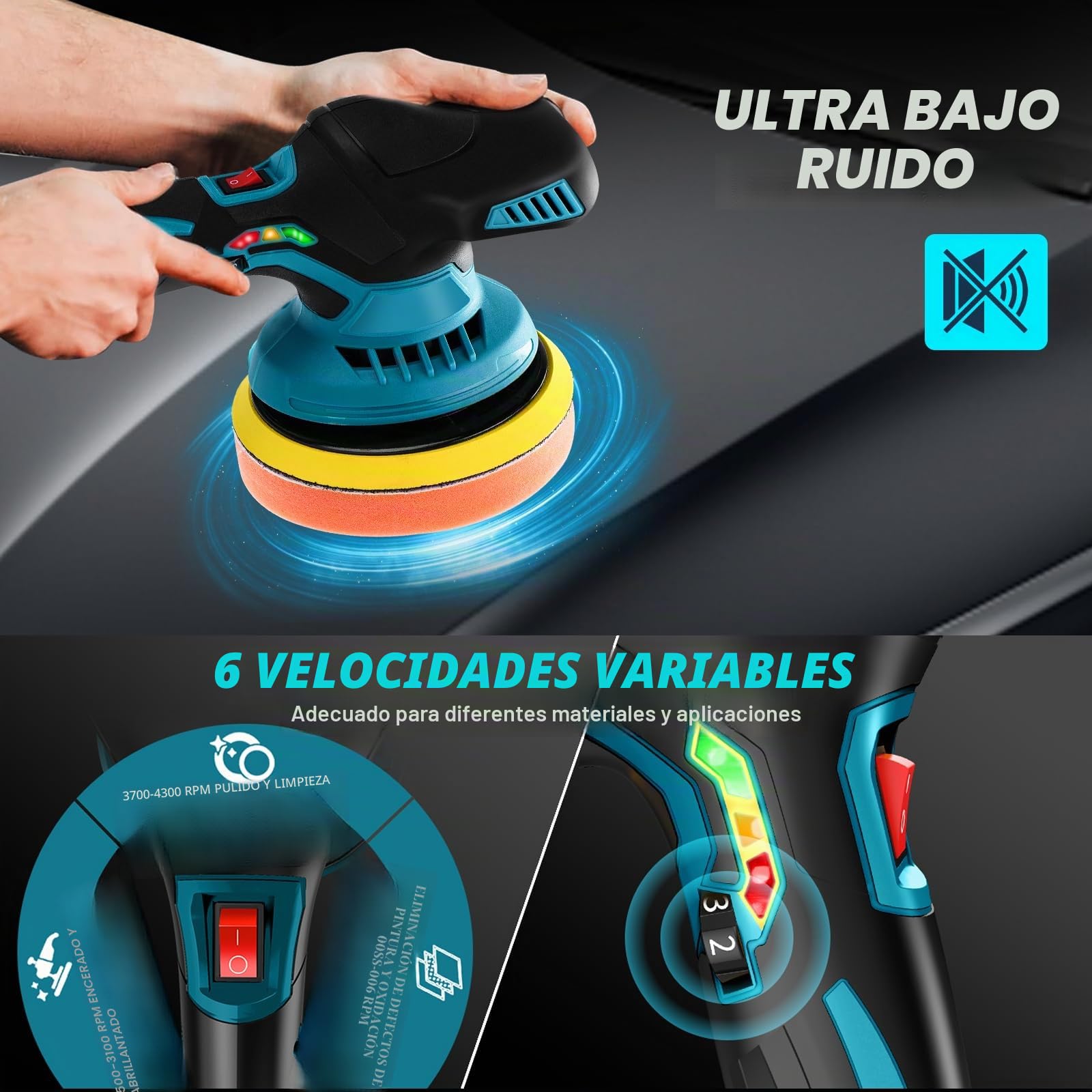 Pulidora Inalámbrica 21V, Máquina de Pulir y Encerar Coches, 6 Velocidades Variables Pulir de 5500 RPM, Pulidora para Encerar y Eliminar Arañazos del Coche, con 2 Baterías y Accesorios