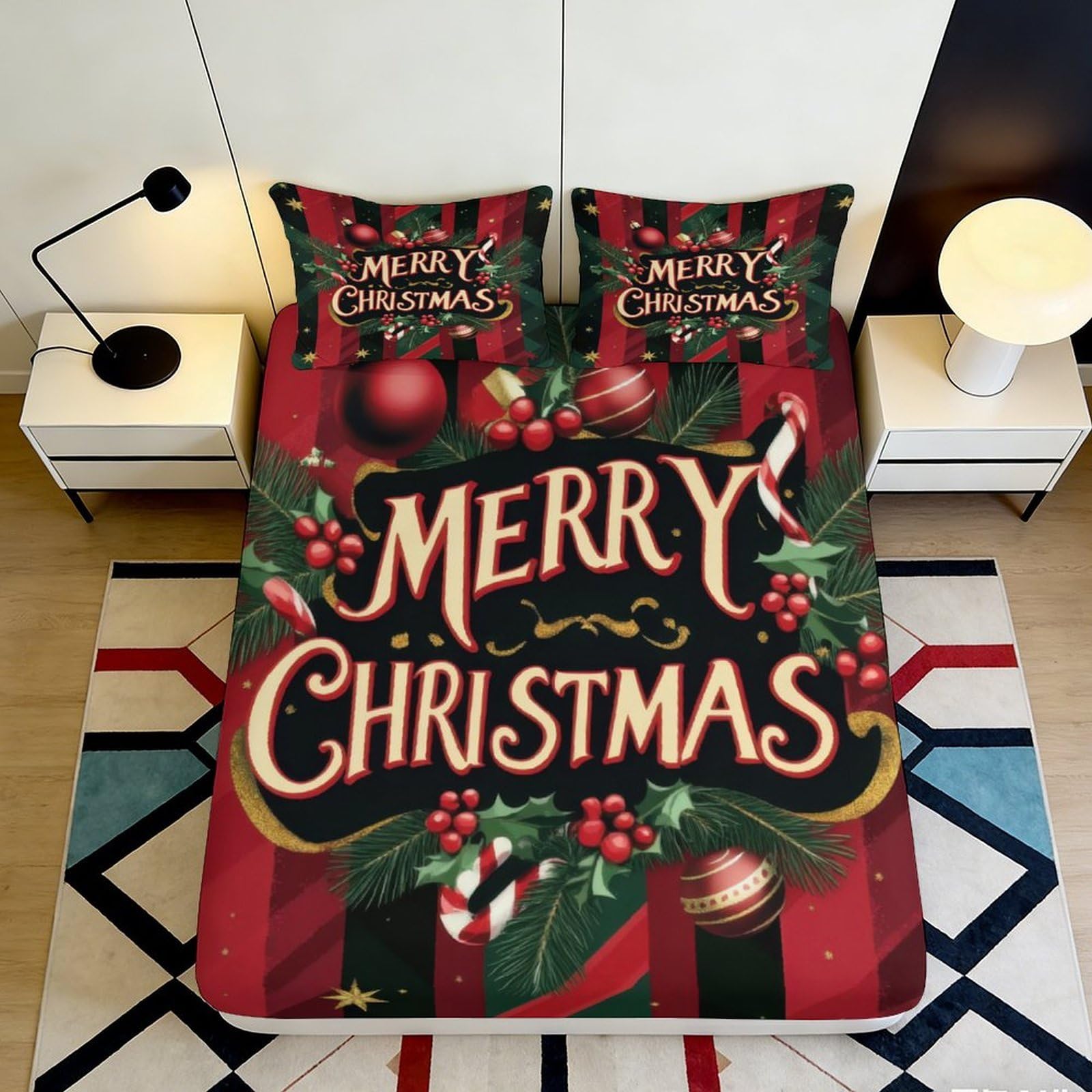 Festive apartment bedding 3D Printed Fitted Sheet Christmas tree Bed Cover Microfiber soft touch easy care guest room decor 90x200x25cm
