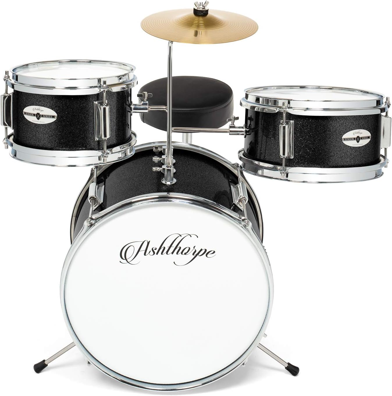 Ashthorpe 3-Piece Complete Drum Set - Beginner Kit with 14" Bass, Adjustable Throne, Cymbal, Pedal & Drumsticks - Black
