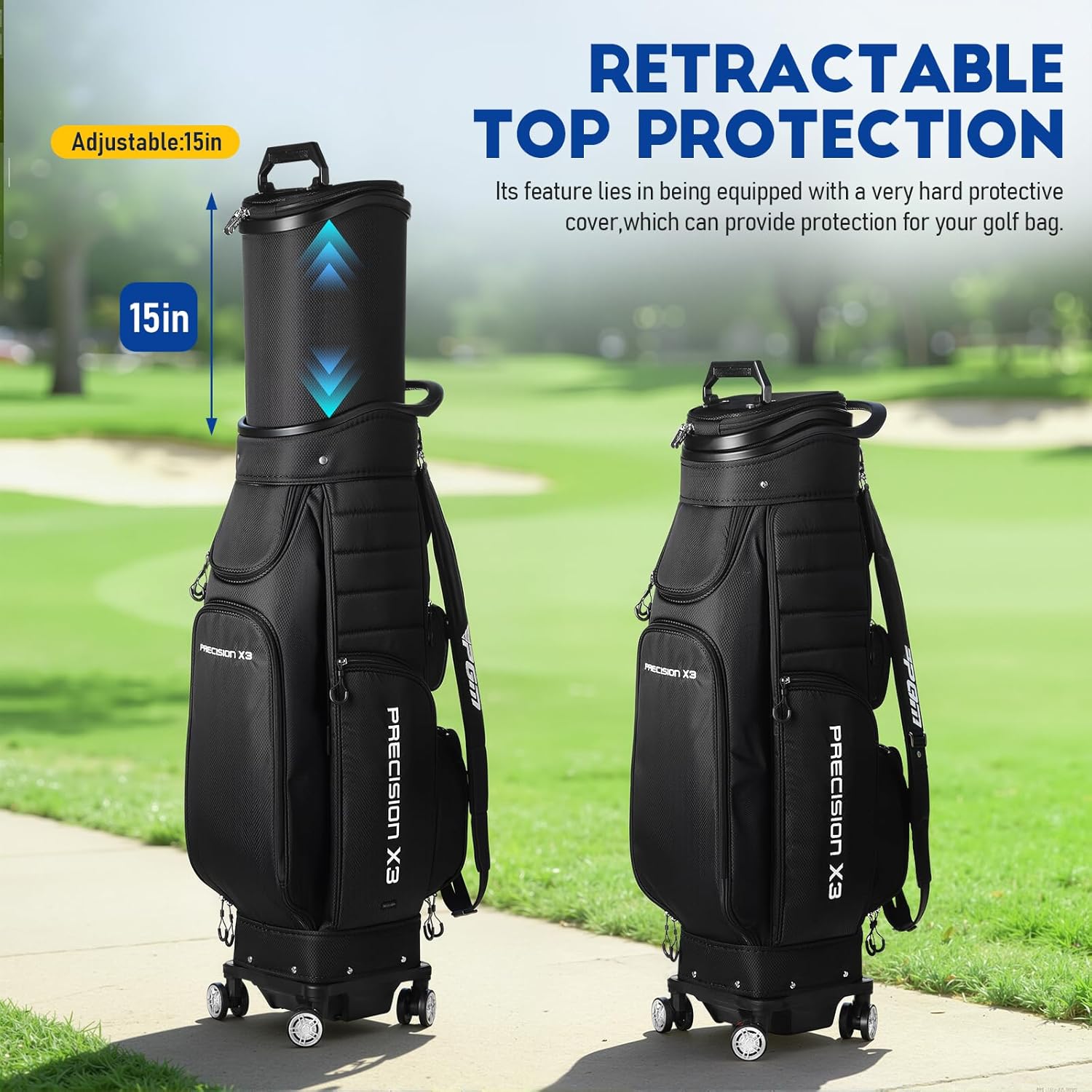 Retractable Golf Bag with Wheels, 4-Wheel Rolling Golf Travel Case for Carts & Airports, Large Capacity Holds 14 Clubs, Heavy Duty 8-Slot Divider, Water-Resistant Nylon with Multiple Pockets, Black