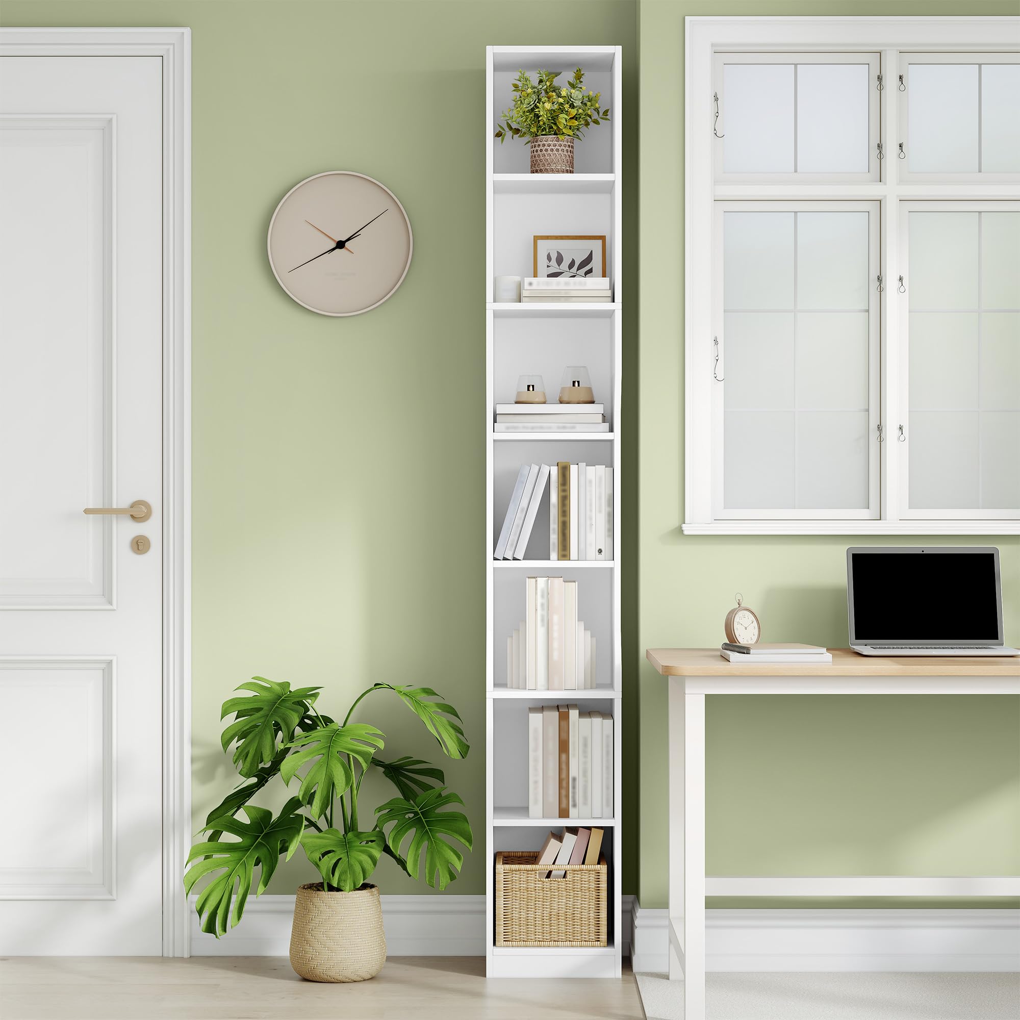 HEXCELEN Librería Vertical de 7 Niveles, 28 x 30 x 208,1 cm, Blanco | Estantería Estrecha, Estantería Cubo, Estanterías de Almacenamiento, para Estudio, Salón, Dormitorio, Moderno