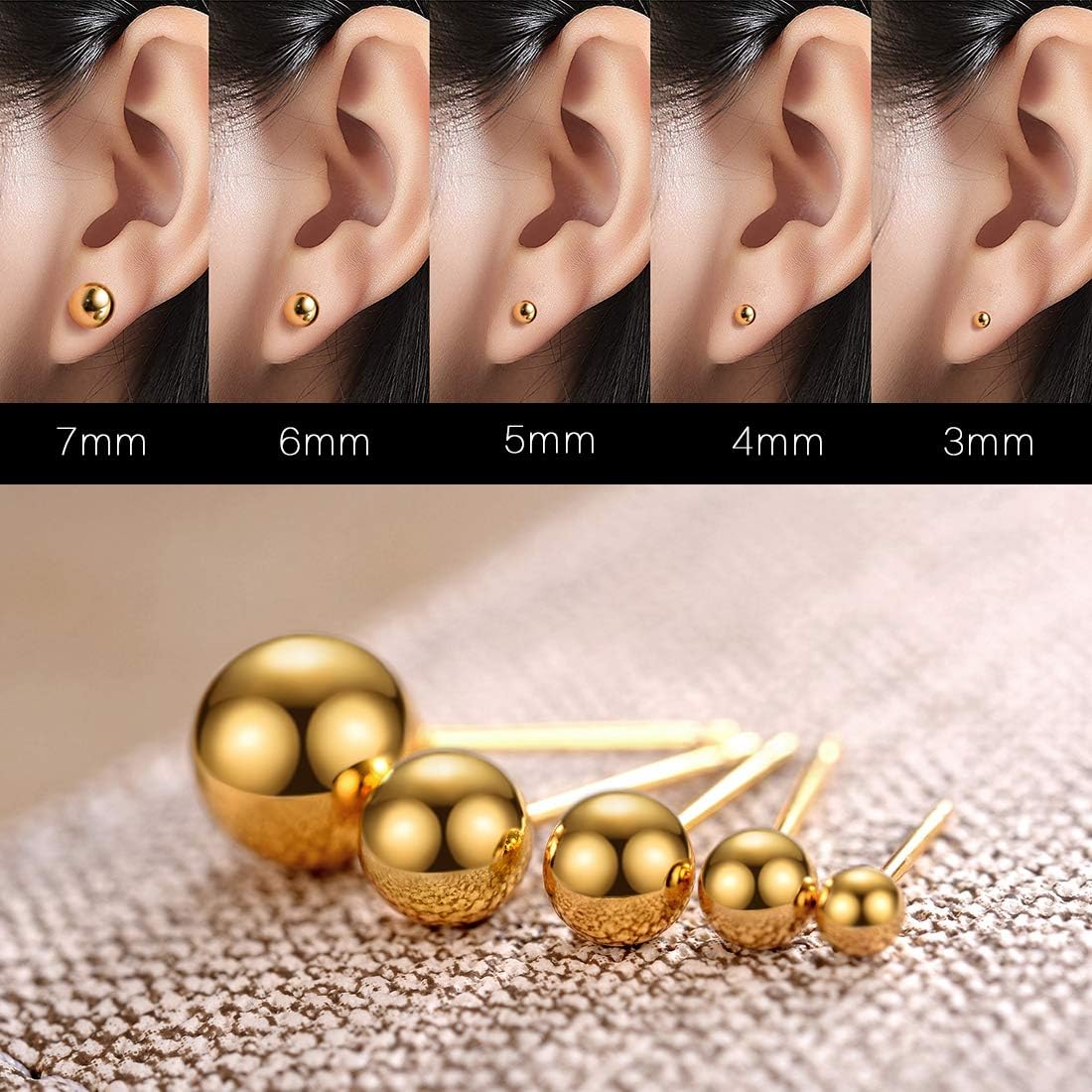 JINERA - Juego de 5 pares de aretes tipo dormilona para mujer, chapados en oro y plata de 14 quilates, aretes pequeños de perla, aretes de tuerca pequeños para cartílago, hipoalergénicos, ligeros, con 3