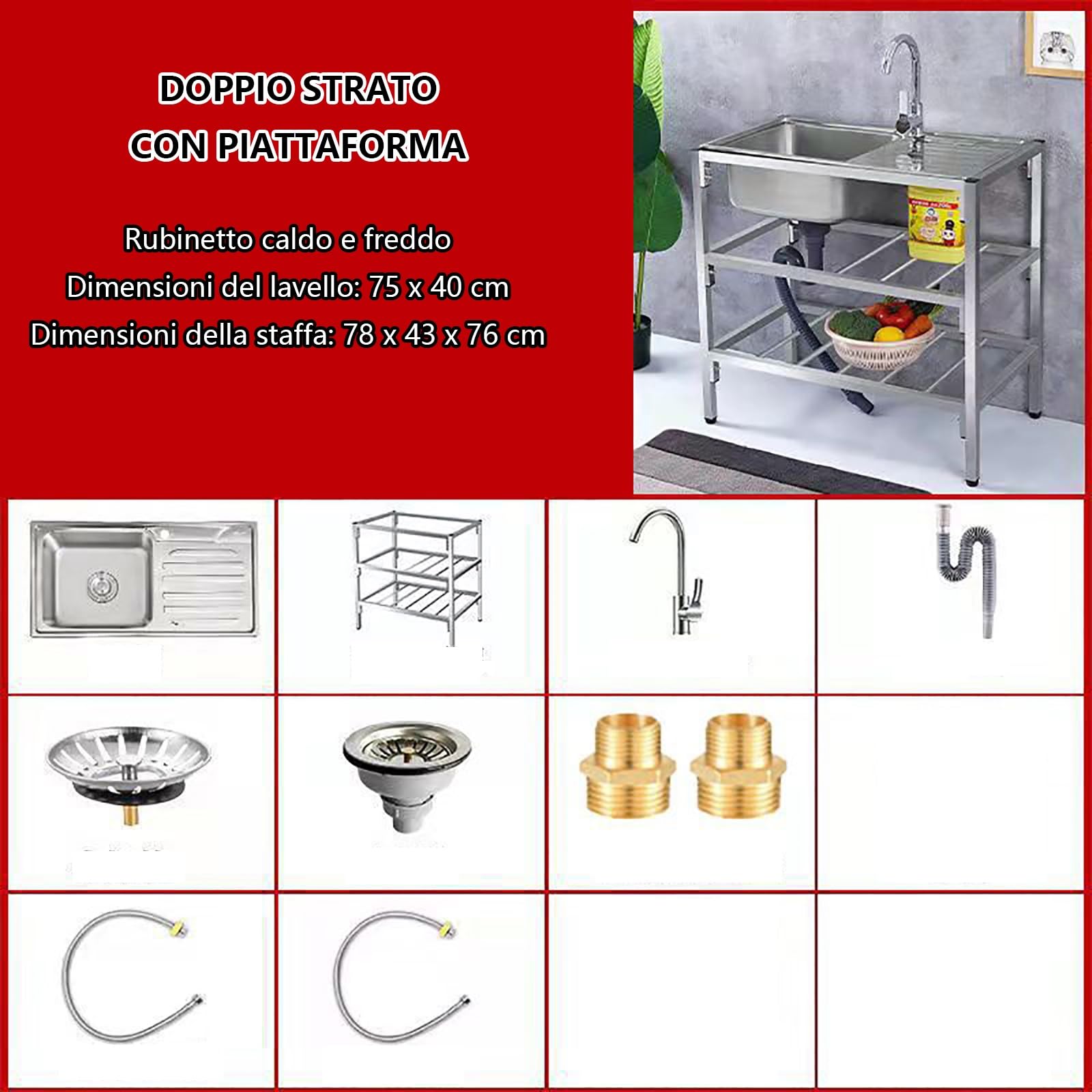 Lavandino da esterno a libera installazione,Inossidabile con il Rubinetto Girevole 360°, tavolo da preparazione con console e supporto,Facile da pulire,per Garage, Cucina. (Size : Double layer)