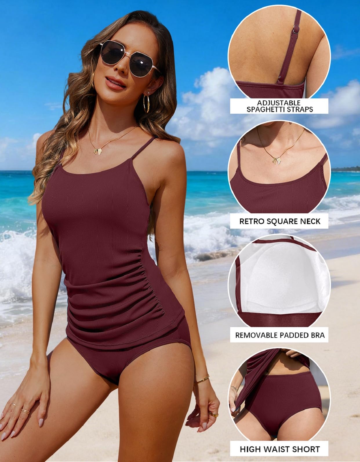 Conjunto de Tankini para Mujer Cuello Redondo Traje de Baño de Dos Piezas Conjunto de Bikini Top y Bottom Tirantes Ajustables Bañador Reductor Barriga
