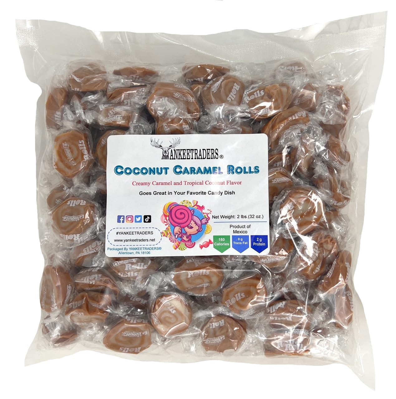 YANKEETRADERS Coconut Caramel Rolls Candy, Individually Wrapped, 2 Pound Bulk Bag