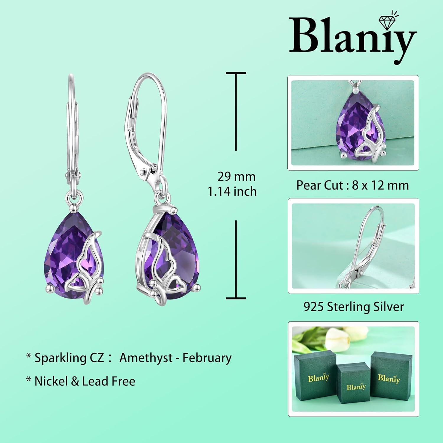 Teardrop Dangle Drop Earrings for Women 925 Sterling Silver Butterfly Leverback Earring with Birthstone Jewelry Gifts for Her - Image 6