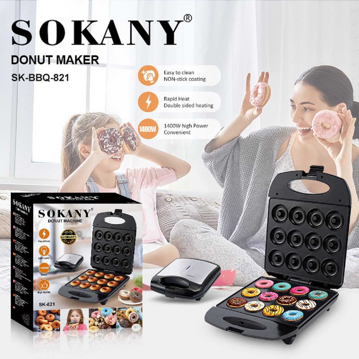 SOKANY SK-821 1200W Machine à Mini Beignets Électrique, Appareil à Donuts pour 12 Petit Beignet, Revêtement Antiadhésif, Facile à Nettoyer, Thermostat Automatique