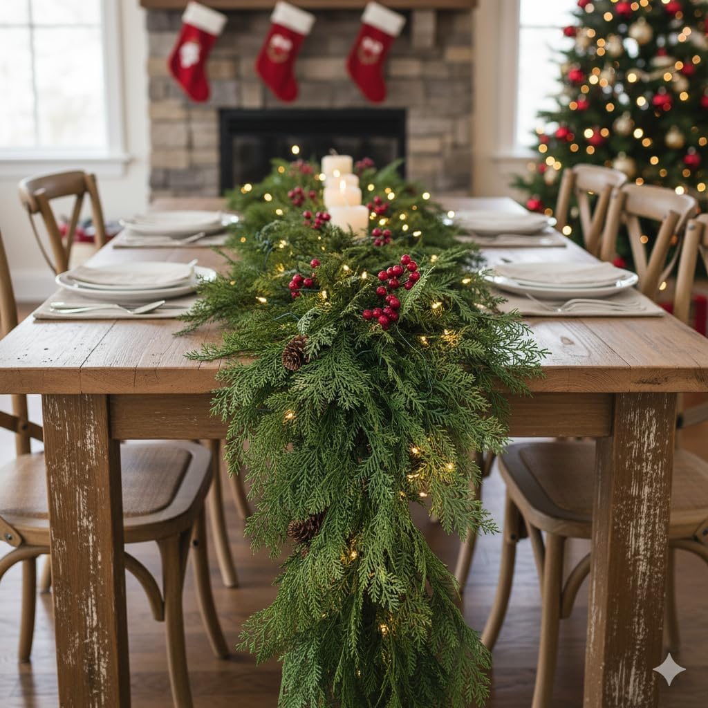 6ft Christmas Real Touch Cedar Garland with Pine Cones, Artificial Realistic Cypress Garland Light Green for Mantle Fireplace & Stairs Railing Unlit Faux Greenery Decorations for Indoor Xmas Decor - Image 7