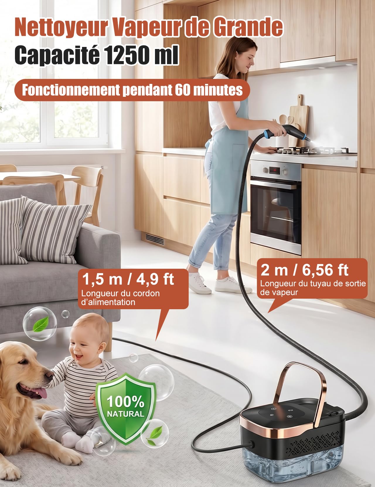 Nettoyeur à Vapeur, 2500W Nettoyeur à Vapeur Manuel Polyvalent avec 6 Vitesses Réglables et 8 Types de Buses, 1250ML Portable Haute Pression pour Maison et Voiture