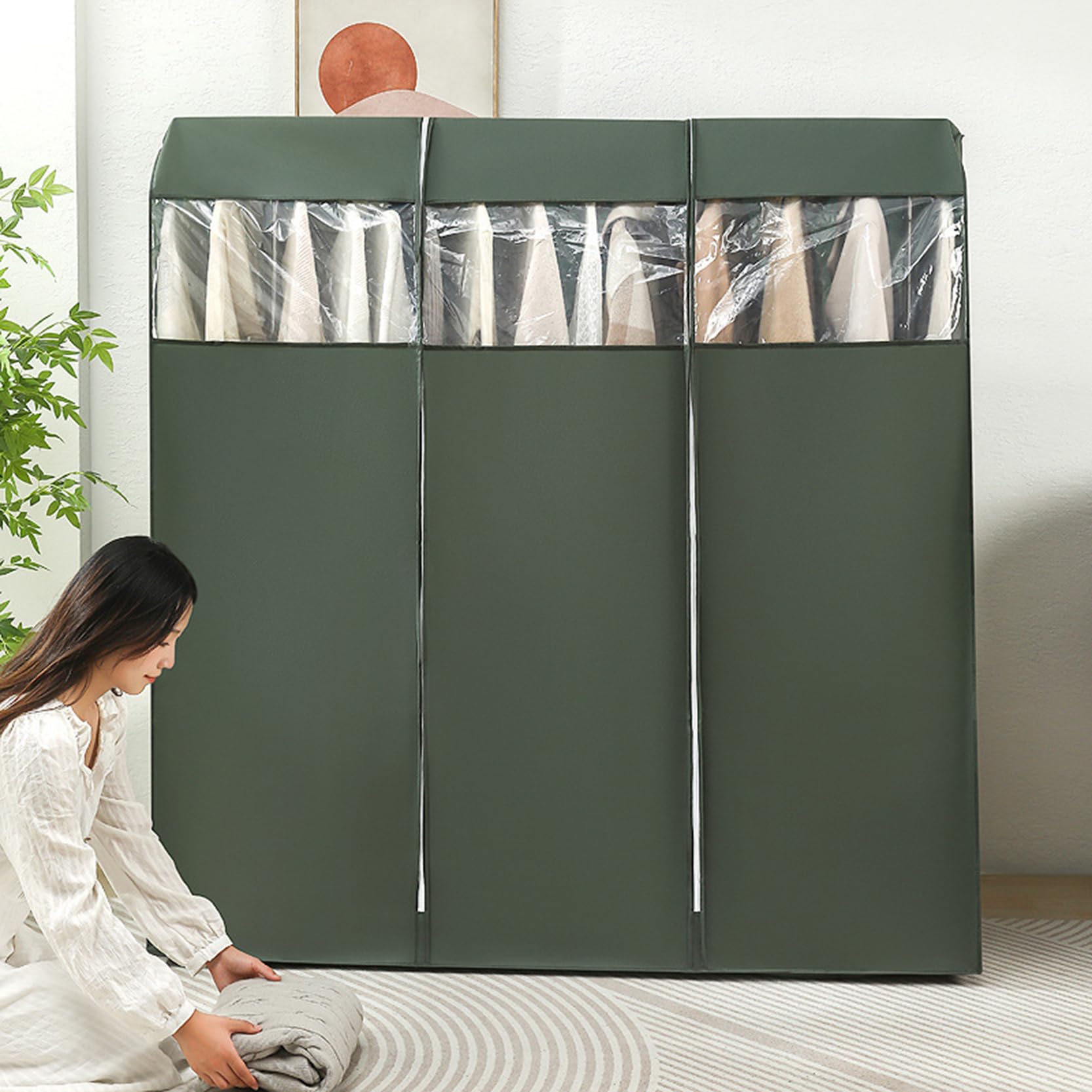 Wabmjgw Army Green Dustproof Clothes Rail Cover, Breathable Garment Rack Cover With Zippers And Clear Window,Deep 19.68 In,For Long 3.28Ft 3.94 Ft 4.92 Ft Garment Hanging Coat Racks,-100X50x150cm