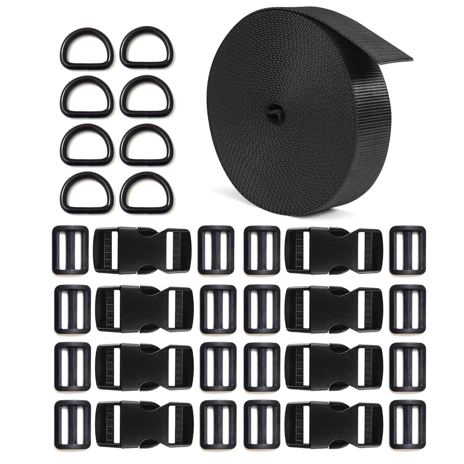 10 Yards 1'' Nylon Webbing Straps 8 Pcs Quick Side Release Buckles for 1inch Strap, 16 Pcs Tri-Glide Slides Flat Plastic Buckle Clips, 8 Pcs Metal D