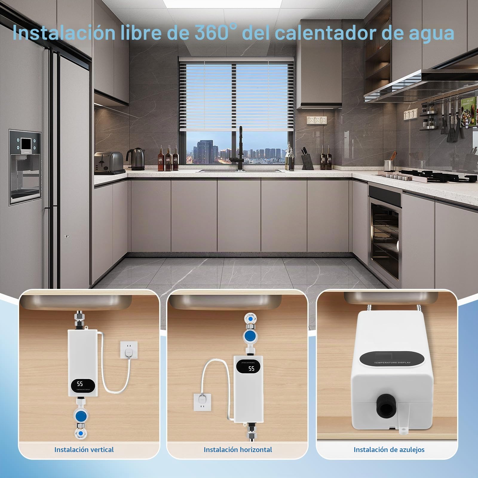 Calentador de agua instantáneo de 5500 W sin almacenamiento con kit de ducha, calentador de agua instantáneo de 220 V con pantalla digital LCD y botones táctiles, apto para ducha, baño, cocina, lavabo