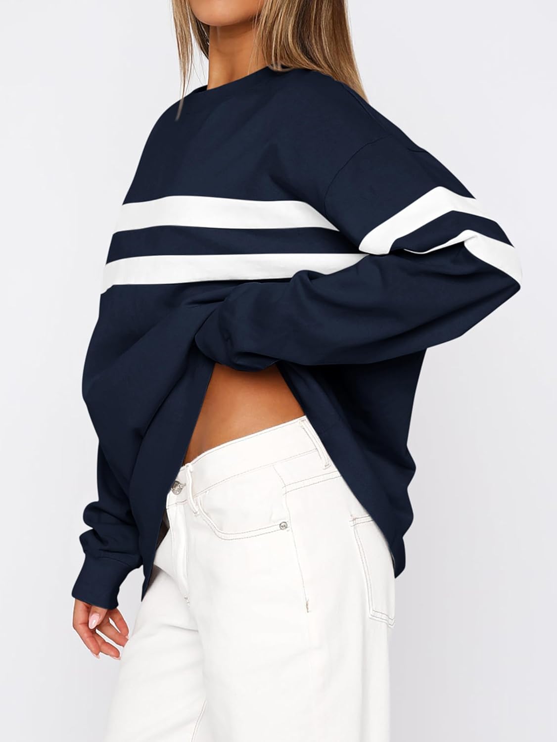 MASCOMODA Women's 2026 Striped Oversized Sweatshirt Spring Crewneck Long Sleeve Shirts Casual Color Block Pullover Tops - Image 3