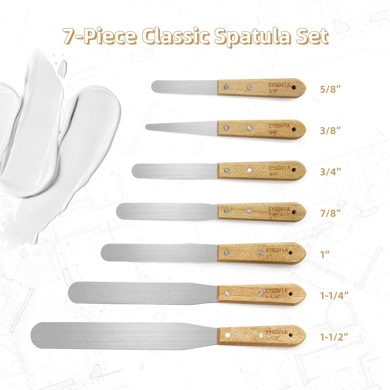 7-Piece Caulking Spatula with Wooden Handle, Professional Stainless Steel Caulk Tool Set Finishing Tools, Streamline Spatulas for Caulk Application