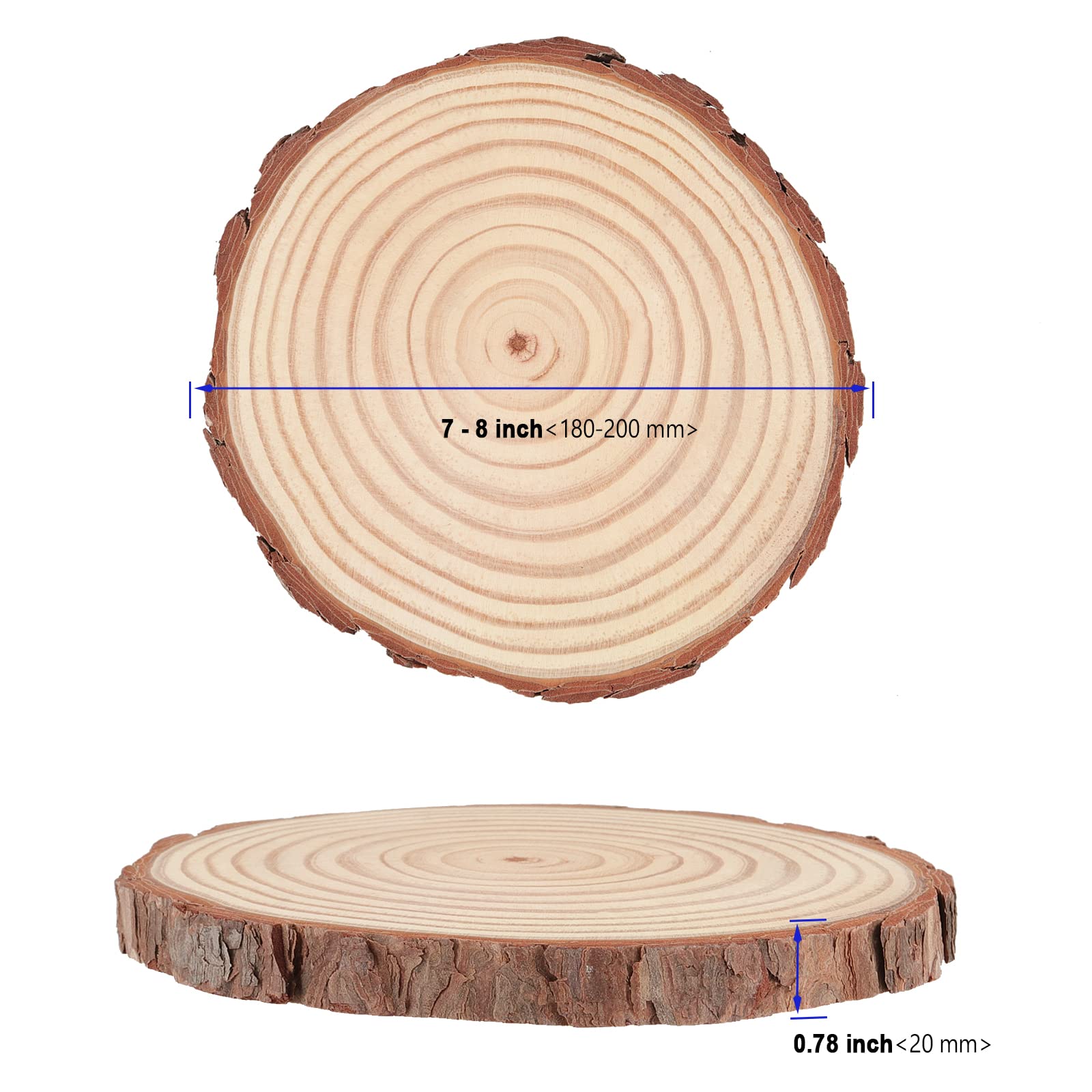 10 Stück Rund 18–20 cm Holzscheiben, unlackiertes Holz rund mit Rinde, Kreise für Bastelarbeiten, Weihnachtsschmuck, Hochzeit, rustikale Dekoration, DIY Handwerk