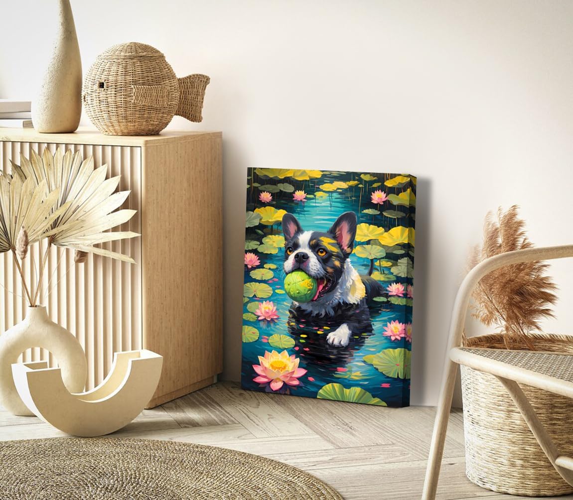 Funny Dog Wall Art for Bathroom 12x16 Inch Framed Canvas Prints, Cute Dogs in Water Lilies Painting Poster, Animal Wall Decor for Nursery, Bedroom, Living Room, Office - Gift for Dog Lovers