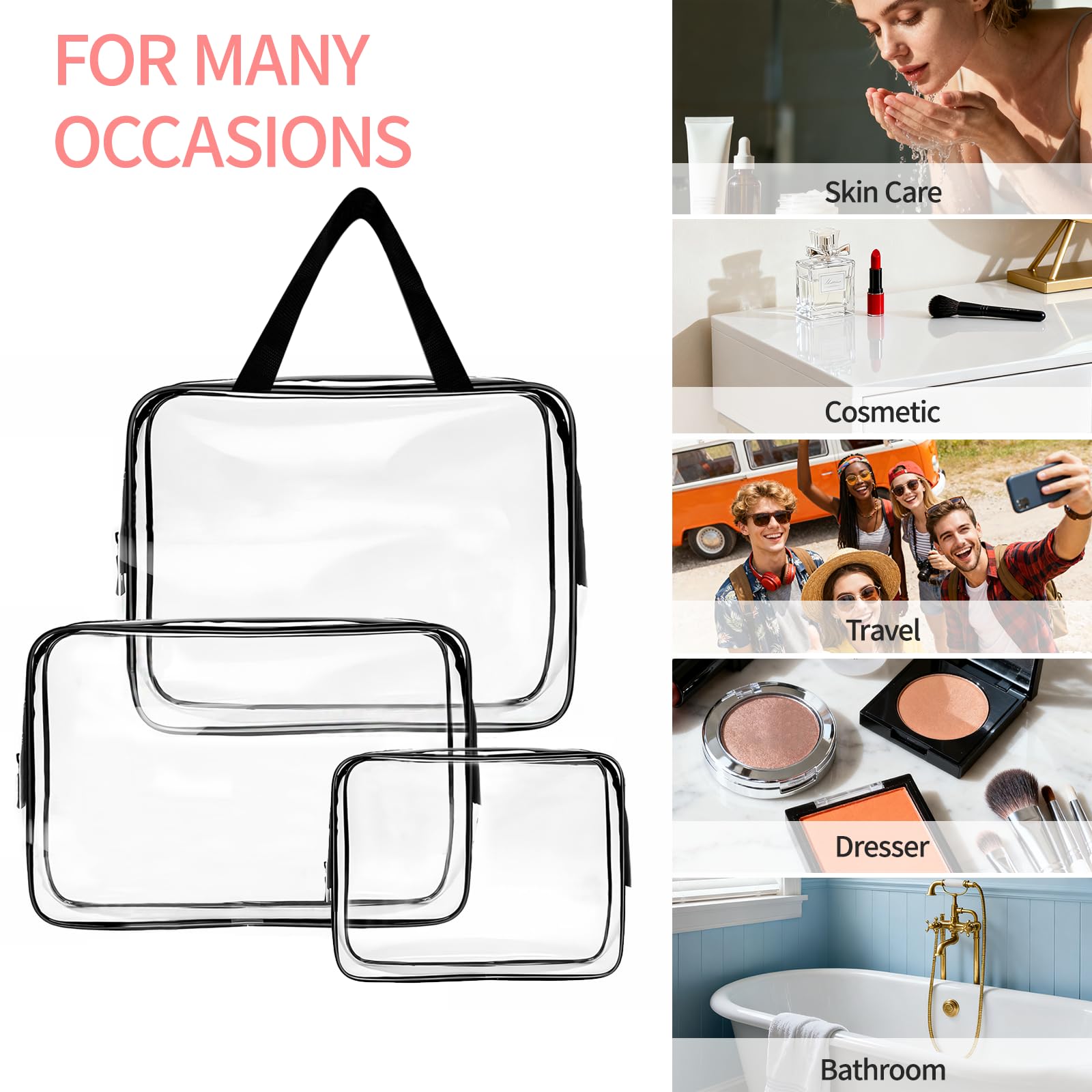 3 PCS Neceser de Aseo, Bolsas Portátil de Maquillaje de PVC, Transparentes Bolsa de Cosmético Organizador Mujer Impermeables, Hombre y Mujer, para Viajes, para Viajes, Almacenamiento, Baño