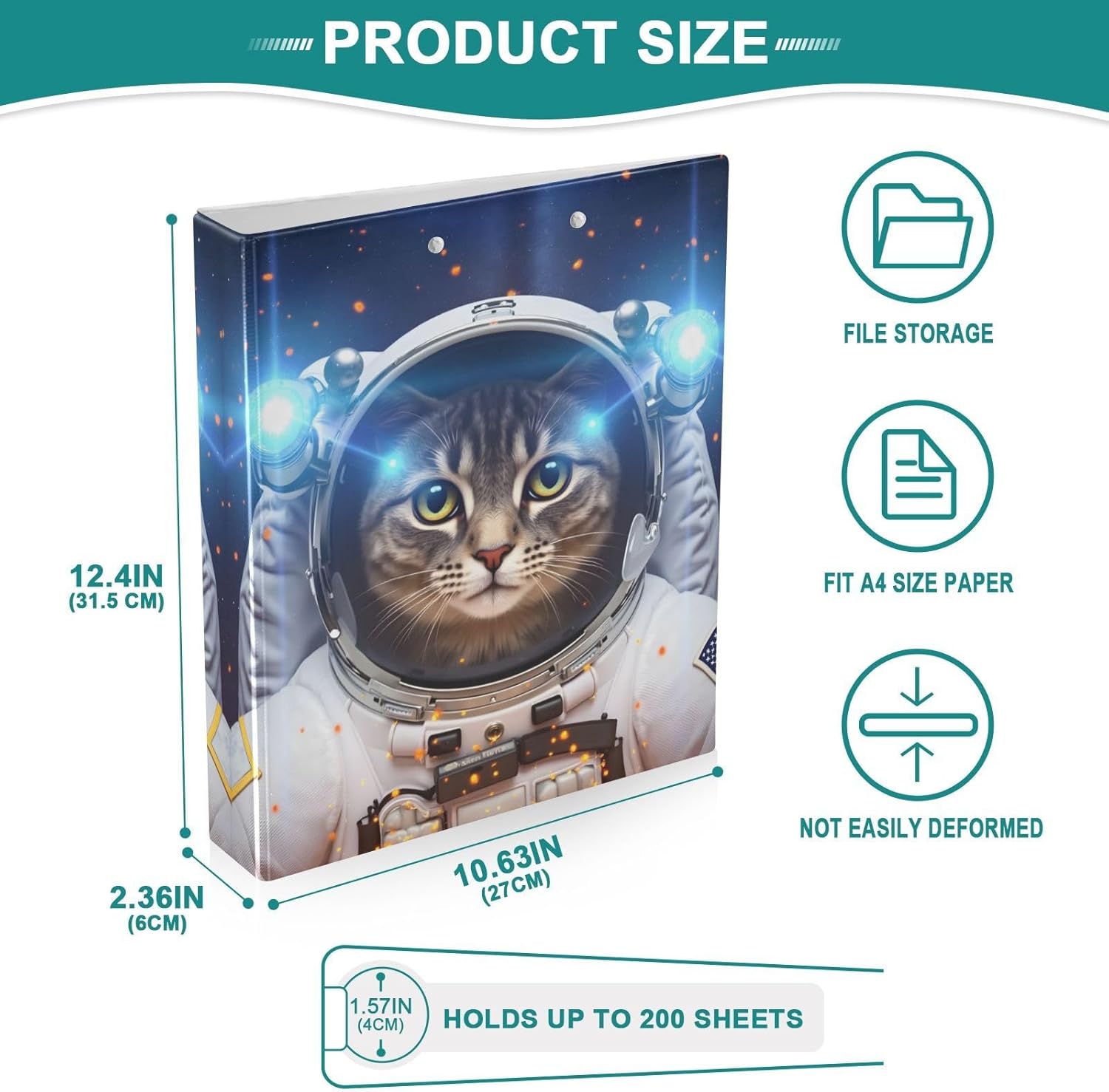 3 Ring Binder Cat Space Astronaut 1.5" Round Ring Binders View Binder with 200 Sheet for Kids School Supplies Women Men Office, 1 Pack