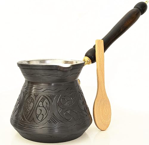 Cafetera turca de cobre, cafetera turca griega árabe con mango de madera, cafetera para estufa, olla de cobre premium hecha a mano para 5-6 personas