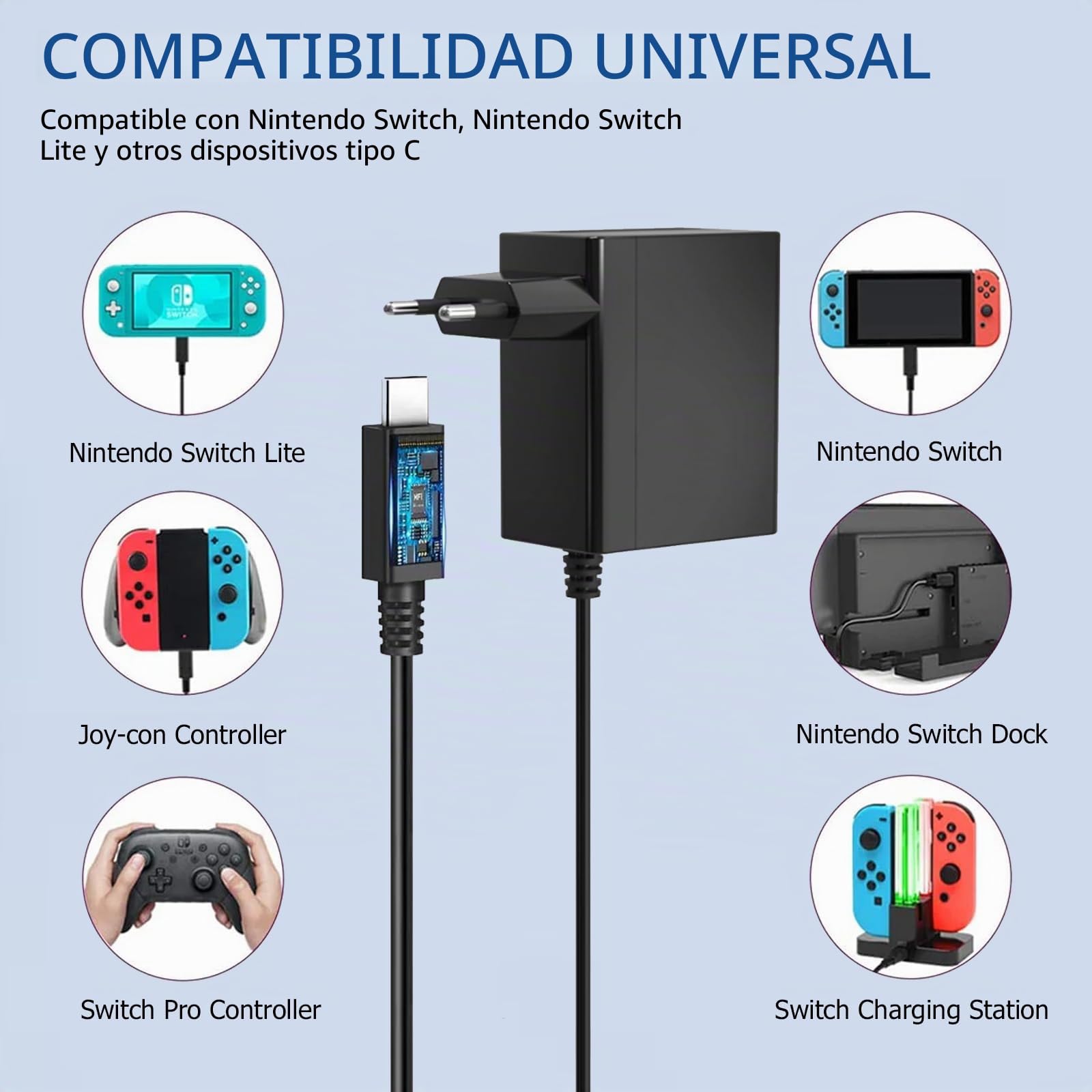 Cargador para Switch, 39W USB C Cargador Compatible con Switch Lite, OLED y Dock, Soporta Modo TV