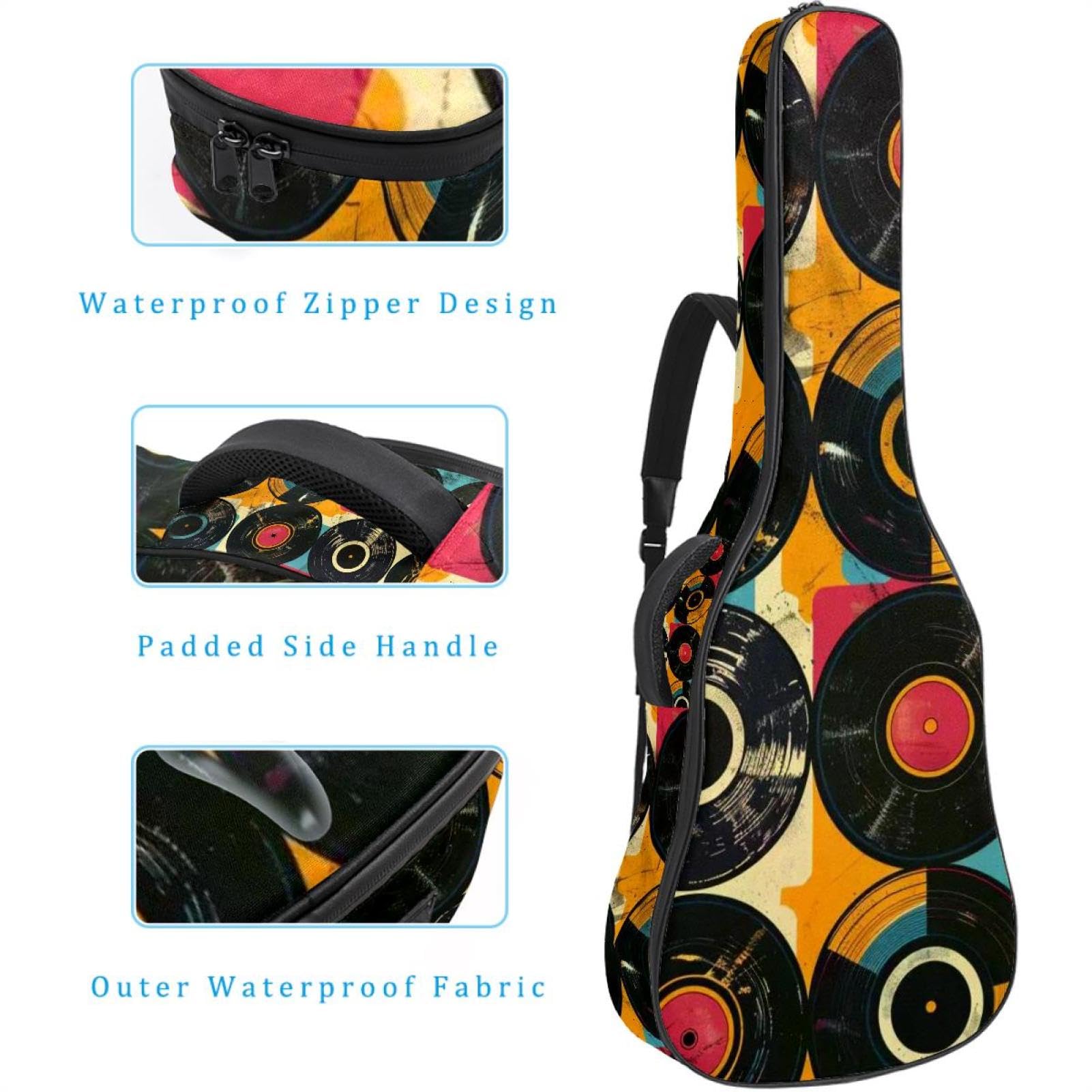 Housse pour guitare basse avec impression artistique de disque en vinyle rétro, housse pour guitare électrique de 101,6 à 104,1 cm, sac de transport imperméable Oxford pour guitare électrique